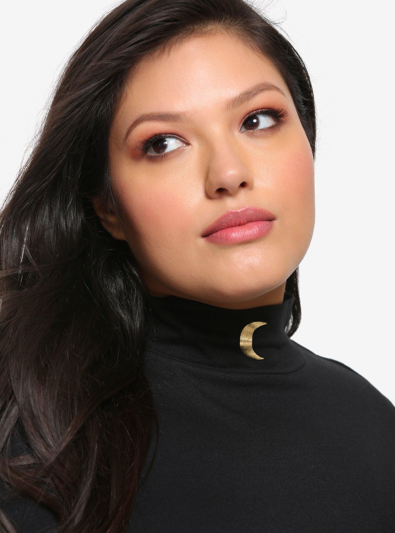 Black & Gold Moon Mock Neck Girls Long-Sleeve T-Shirt Plus Size, , alternate