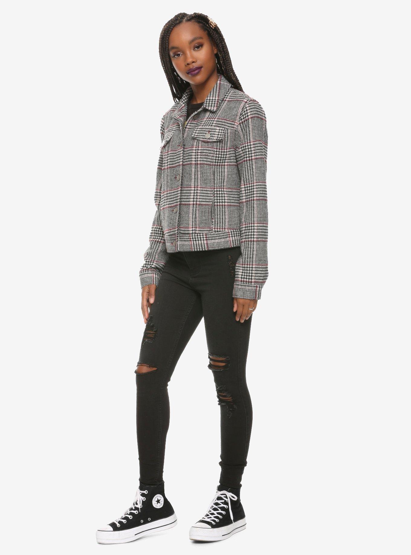 Houndstooth Plaid Girls Crop Jacket, PLAID, alternate