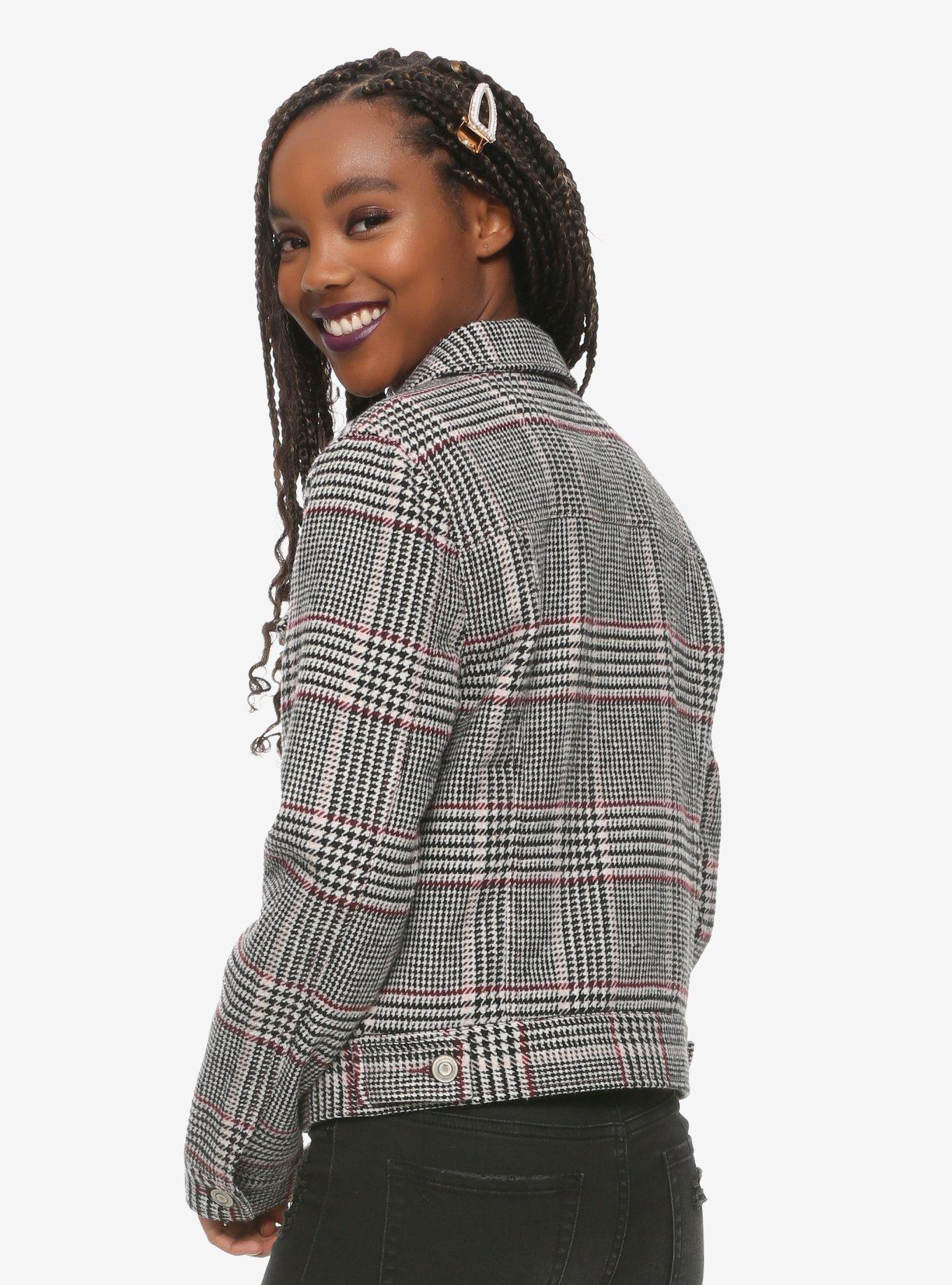 Houndstooth Plaid Girls Crop Jacket, PLAID, alternate