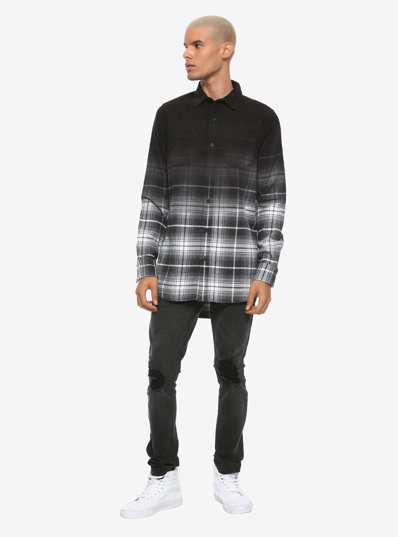 Black Ombre Grey Plaid Button-Up, GREY, alternate