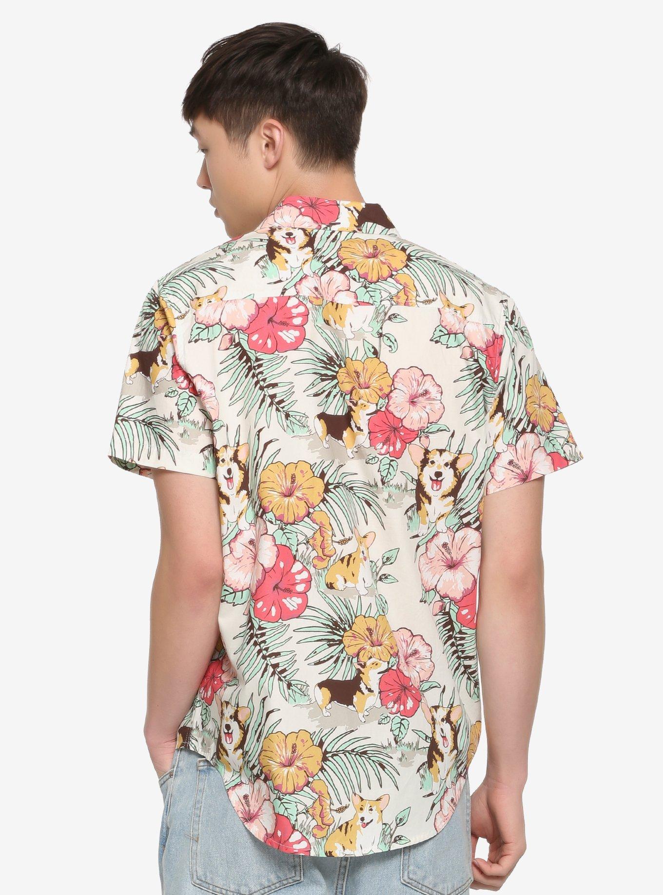 Tropical Corgi Vibes Short-Sleeve Woven Button-Up Hot Topic Exclusive, FLORAL, alternate