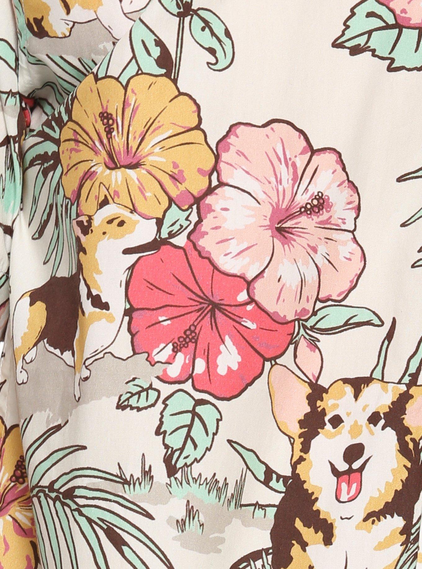 Tropical Corgi Vibes Short-Sleeve Woven Button-Up Hot Topic Exclusive, FLORAL, alternate