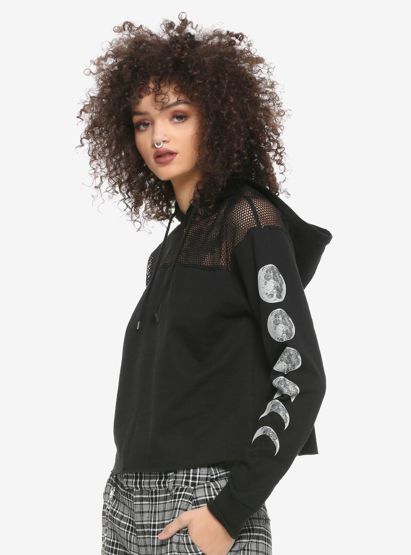 Moon Phases & Mesh Girls Crop Hoodie, BLACK, alternate