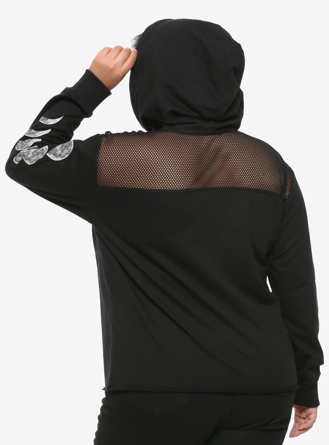Moon Phases & Mesh Girls Crop Hoodie Plus Size, BLACK, alternate