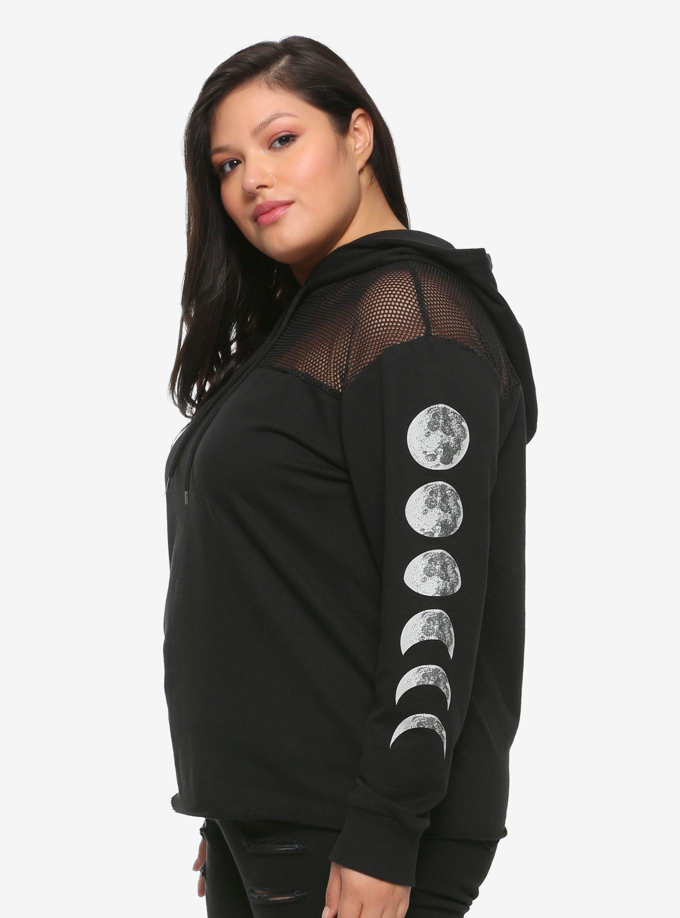 Moon Phases & Mesh Girls Crop Hoodie Plus Size, BLACK, alternate