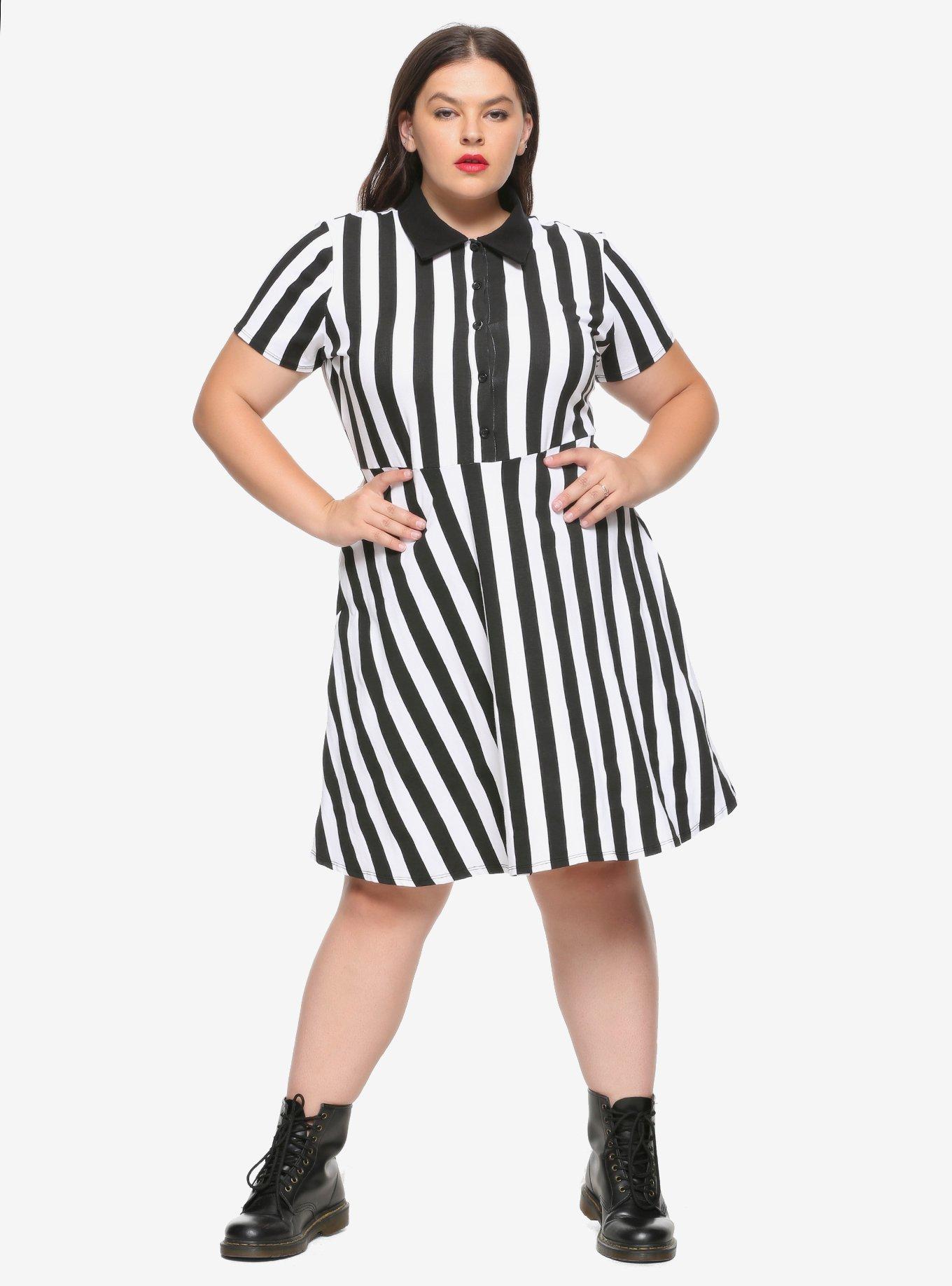 Black & White Striped Collared Dress Plus Size, , alternate