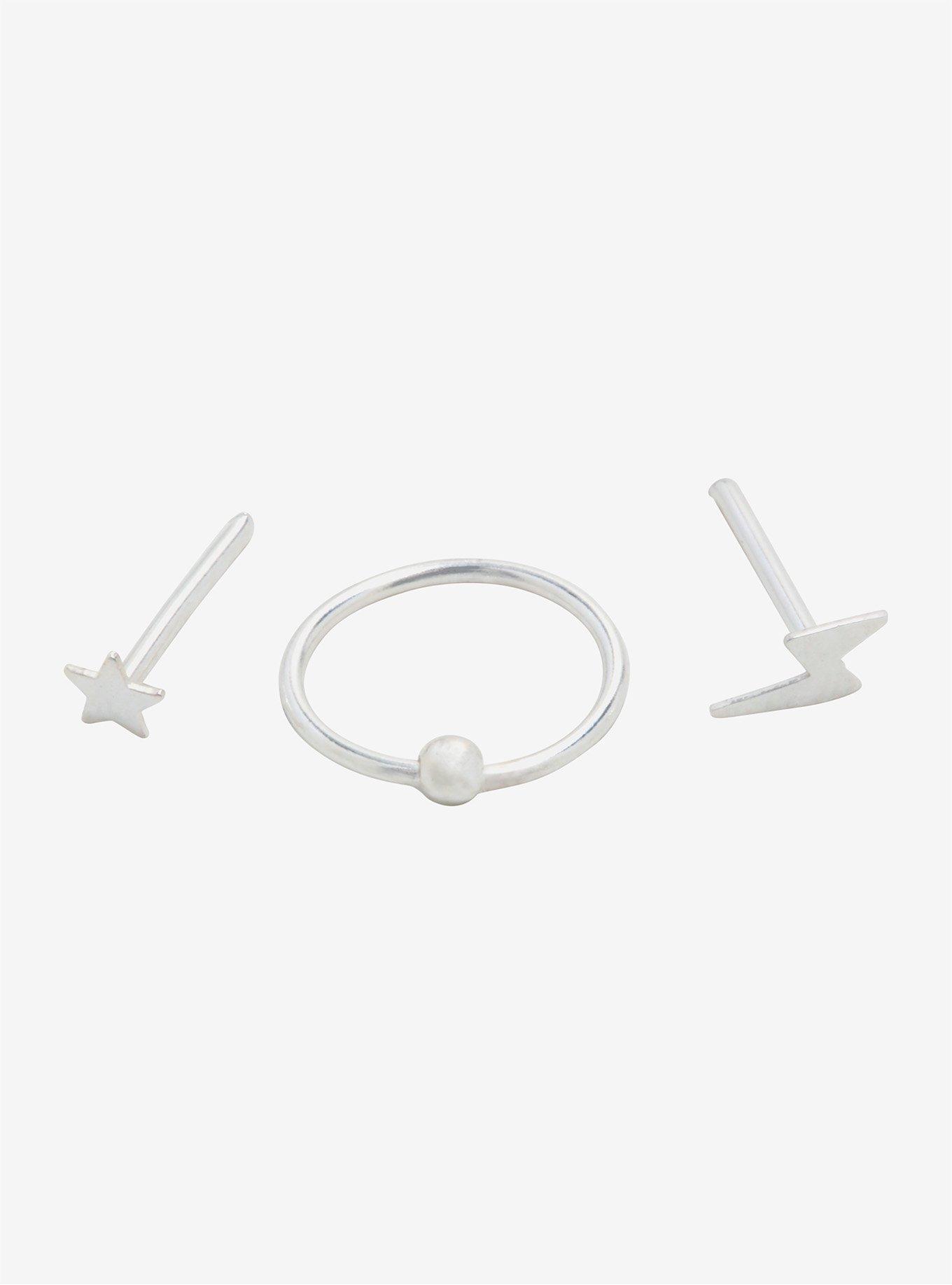Sterling Silver Star Lightning Bolt Nose Stud & Hoop 3 Pack, SILVER, alternate