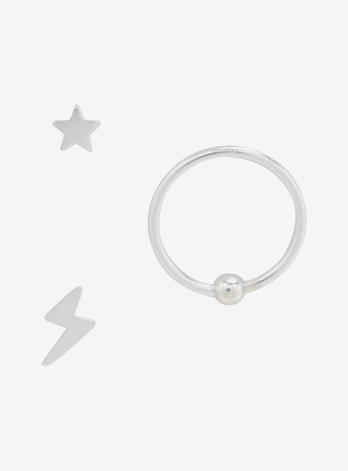 Sterling Silver Star Lightning Bolt Nose Stud & Hoop 3 Pack, SILVER, alternate