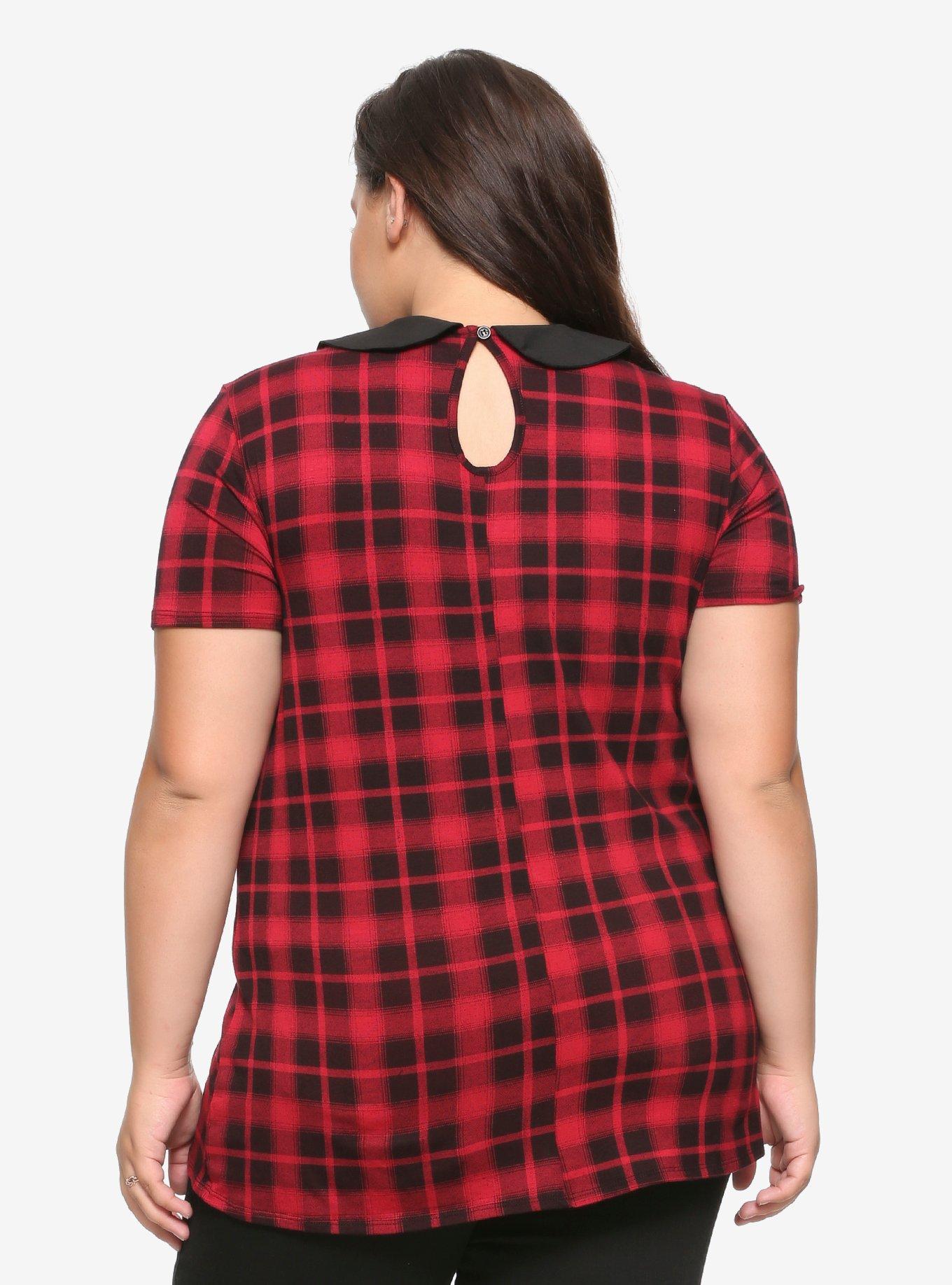 Red Plaid Collared Girls T-Shirt Plus Size, PLAID - RED, alternate