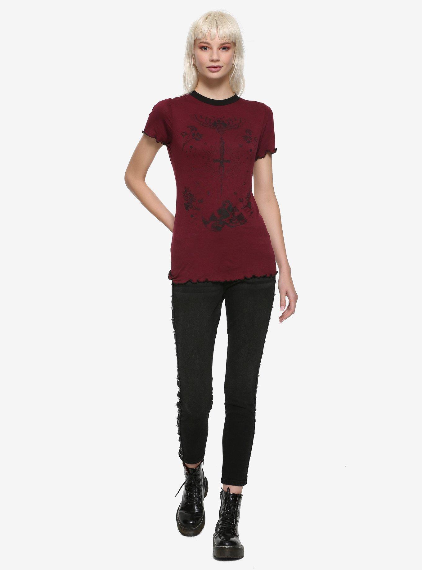 Moth & Dagger Burgundy Lettuce Hem Girls T-Shirt, BURGUNDY, alternate