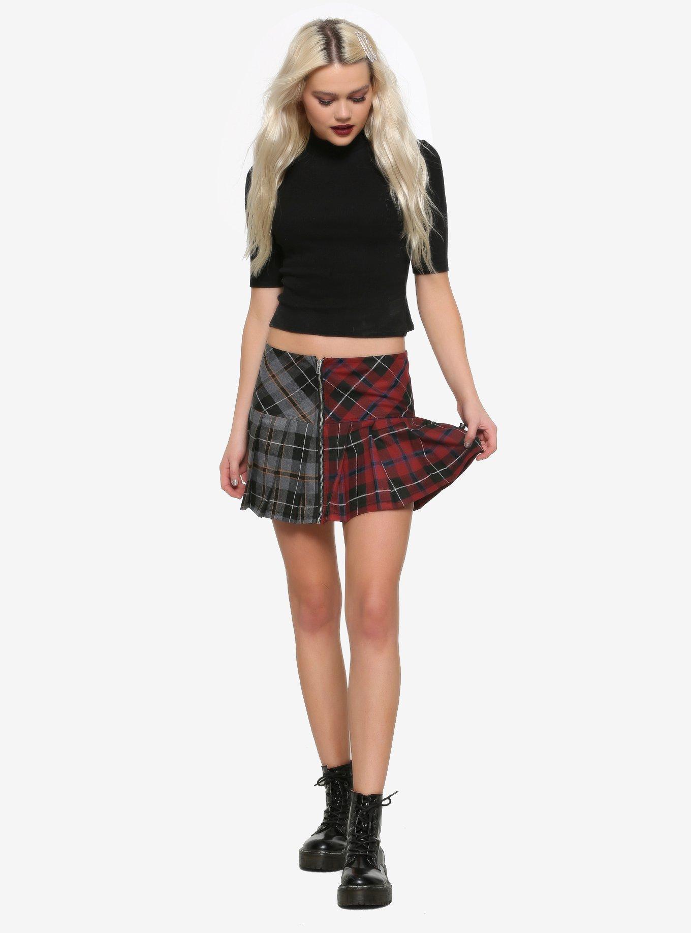 Royal Bones By Tripp Grey & Red Split Plaid Zipper Skirt, PLAID, alternate