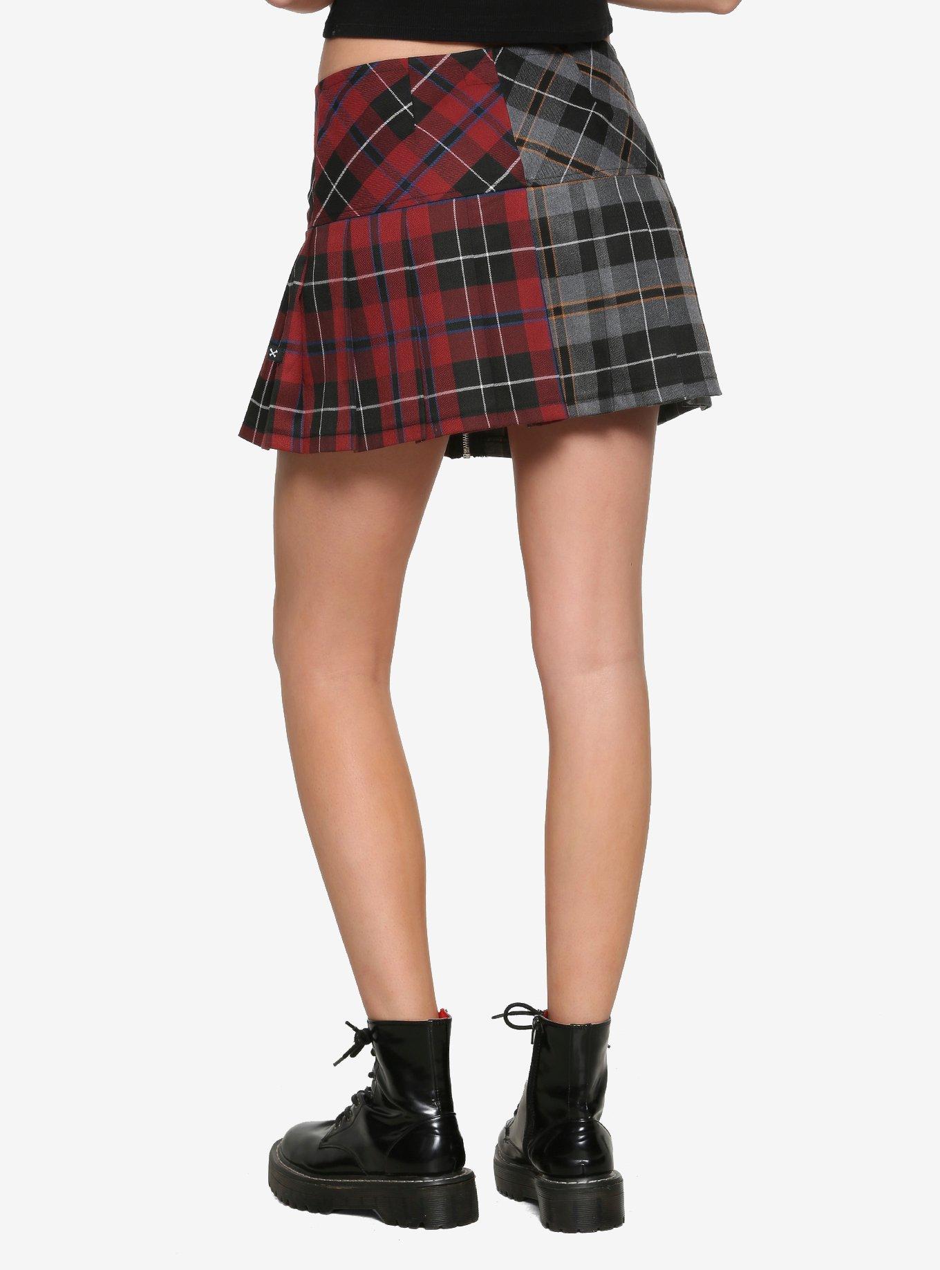 Royal Bones By Tripp Grey & Red Split Plaid Zipper Skirt, PLAID, alternate