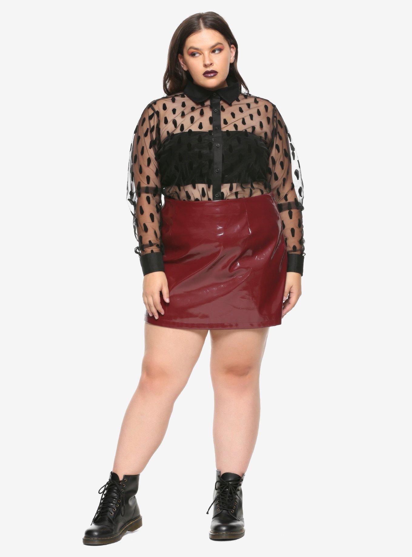 Black Flocked Coffin Sheer Long-Sleeve Button-Up Plus Size, BLACK, alternate