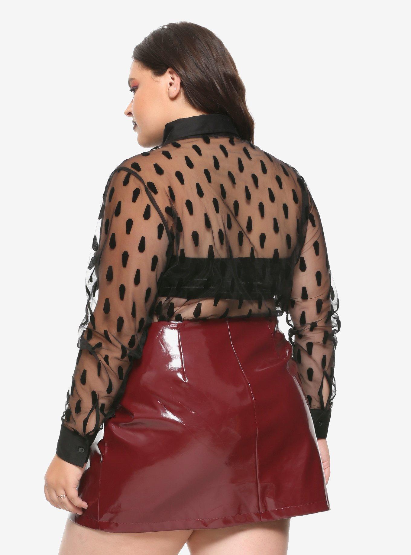 Black Flocked Coffin Sheer Long-Sleeve Button-Up Plus Size, BLACK, alternate