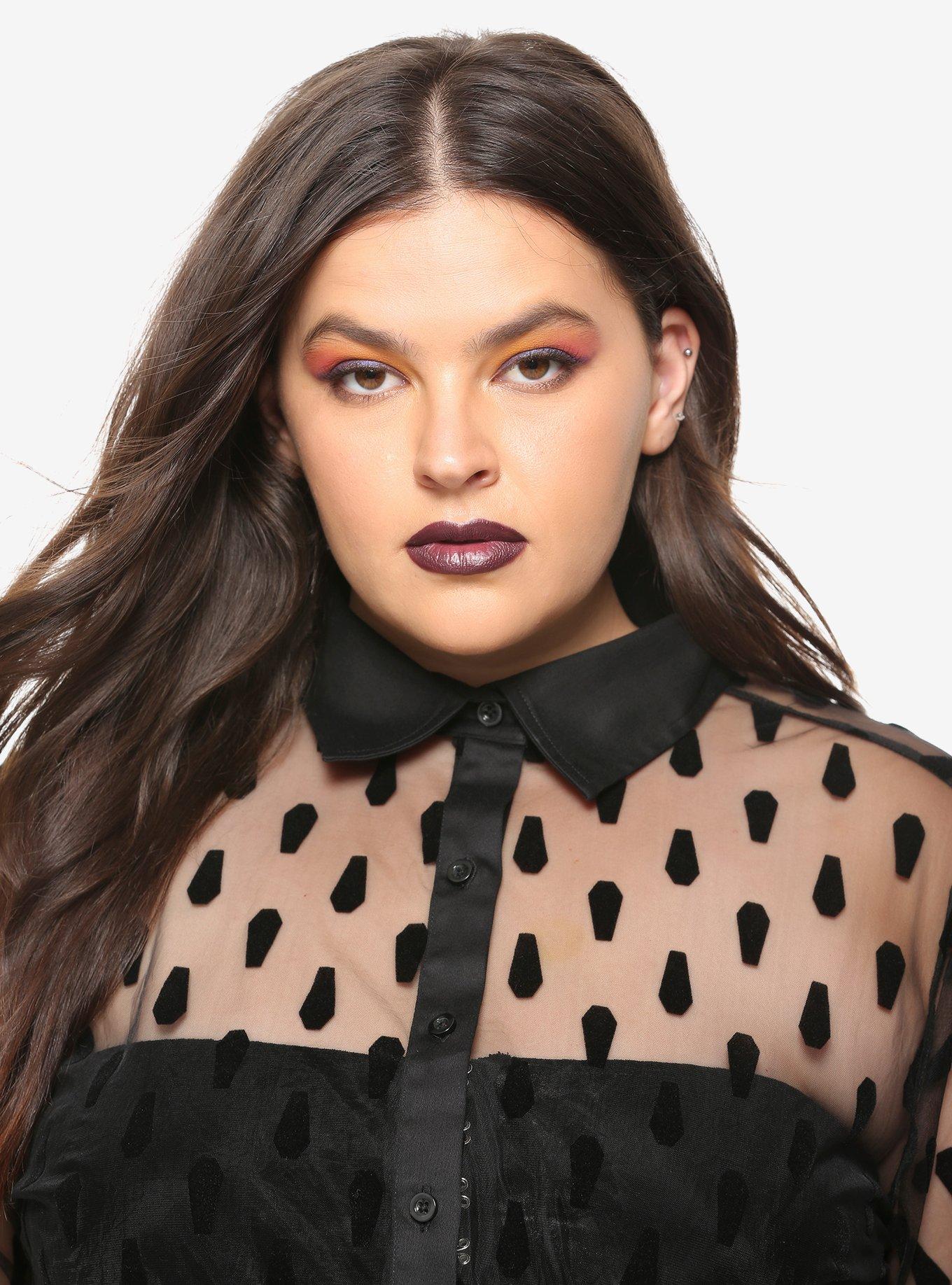Black Flocked Coffin Sheer Long-Sleeve Button-Up Plus Size, BLACK, alternate
