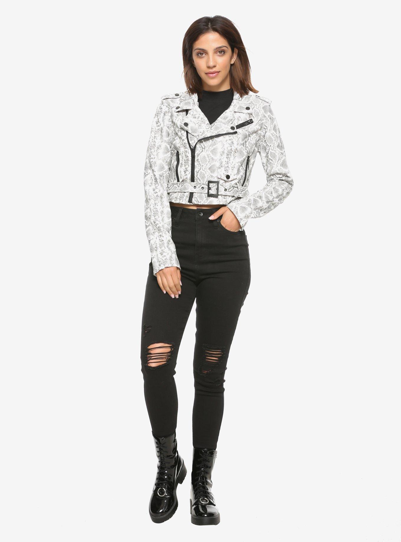 Black & White Snake Girls Crop Moto Jacket, , alternate