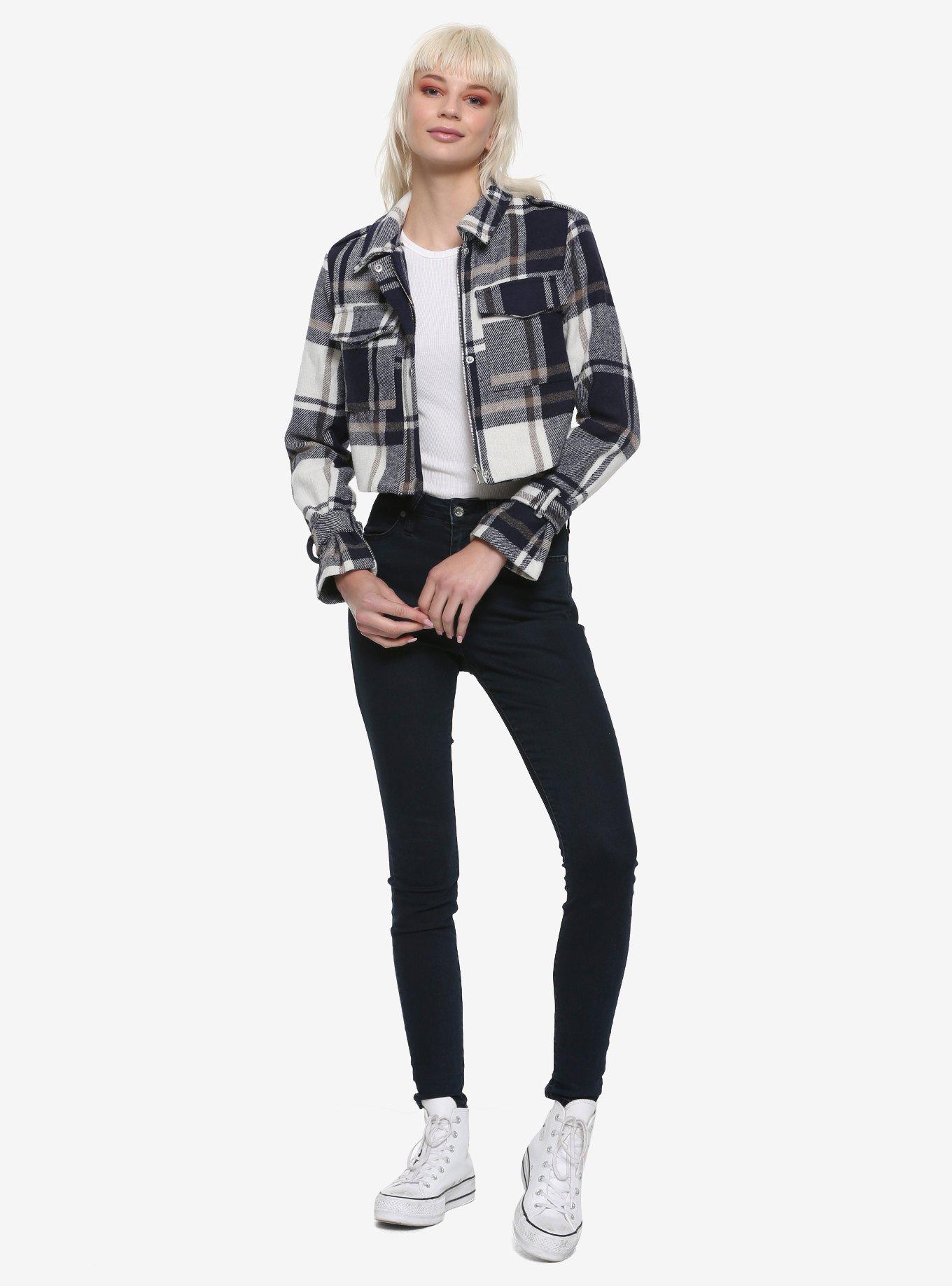 Navy Cream & Tan Plaid Girls Crop Jacket, PLAID, alternate