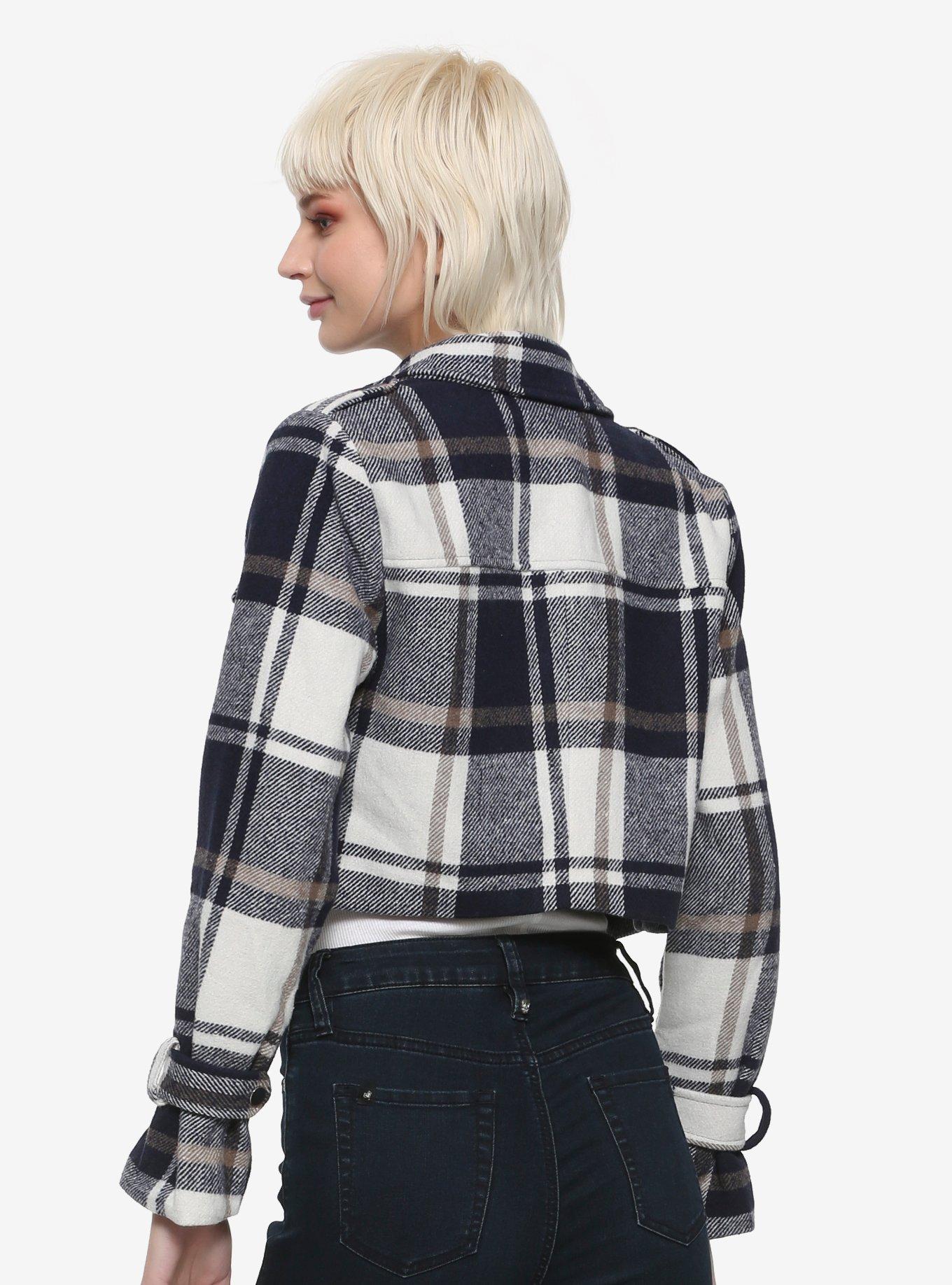 Navy Cream & Tan Plaid Girls Crop Jacket, PLAID, alternate