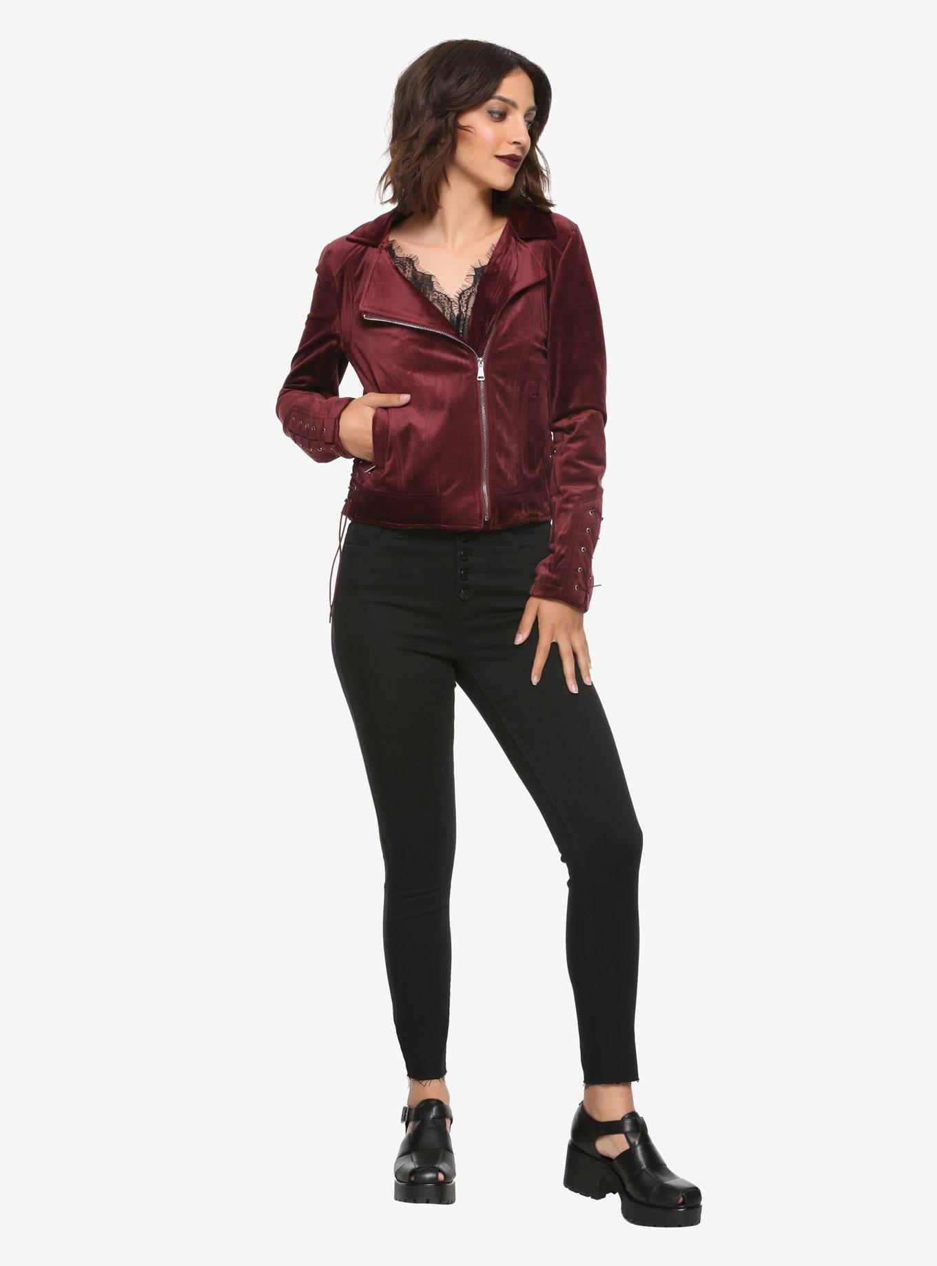 Burgundy Velvet Girls Moto Jacket, BURGUNDY, alternate