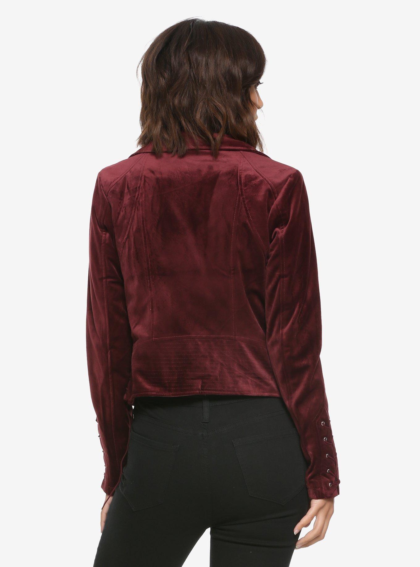 Burgundy Velvet Girls Moto Jacket, BURGUNDY, alternate