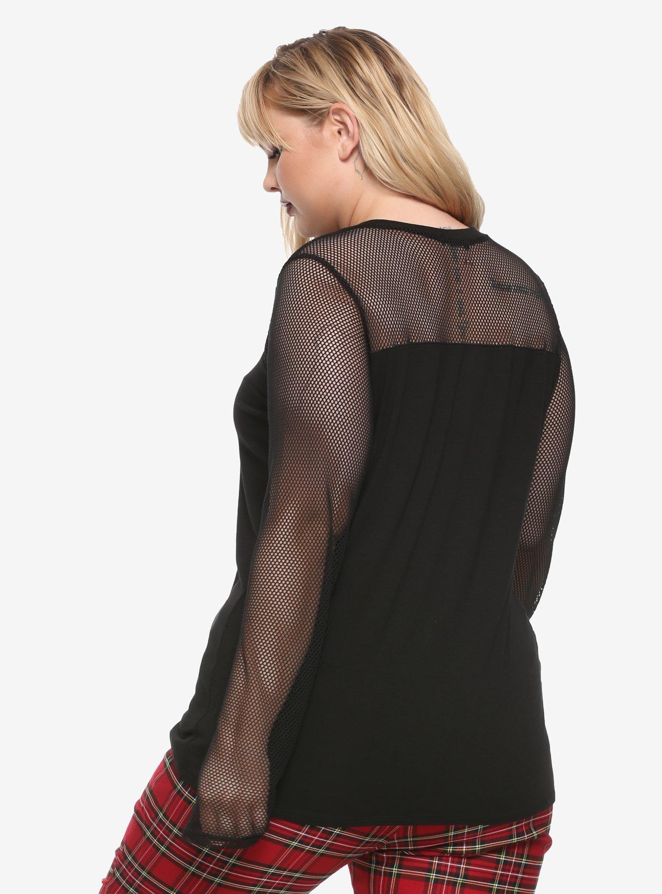 Black Mesh & Panels Long-Sleeve T-Shirt Plus Size, BLACK, alternate