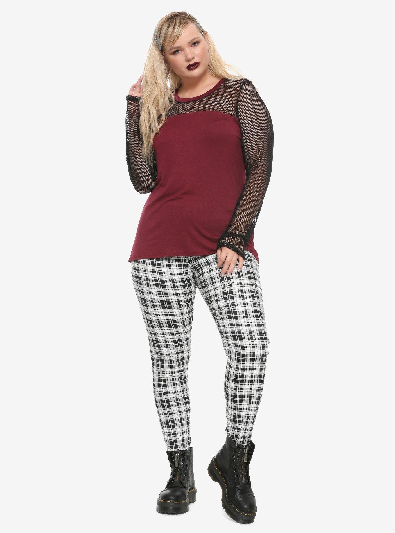 Burgundy Mesh Long-Sleeve T-Shirt Plus Size, BURGUNDY, alternate
