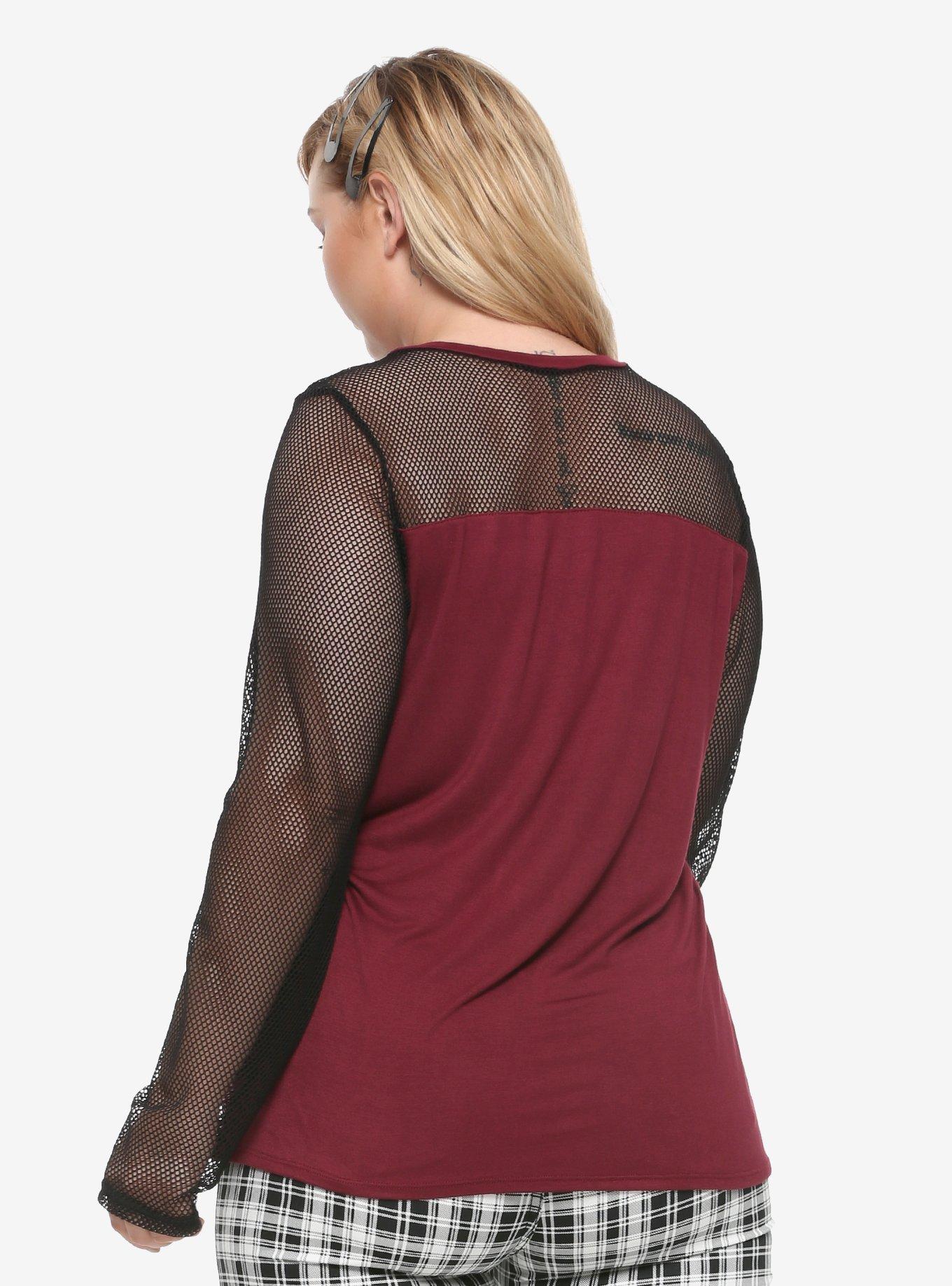 Burgundy Mesh Long-Sleeve T-Shirt Plus Size, BURGUNDY, alternate