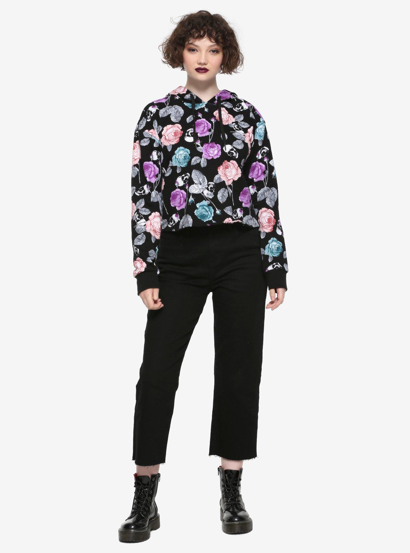 Pastel Roses & Skulls Girls Crop Hoodie, MULTI, alternate