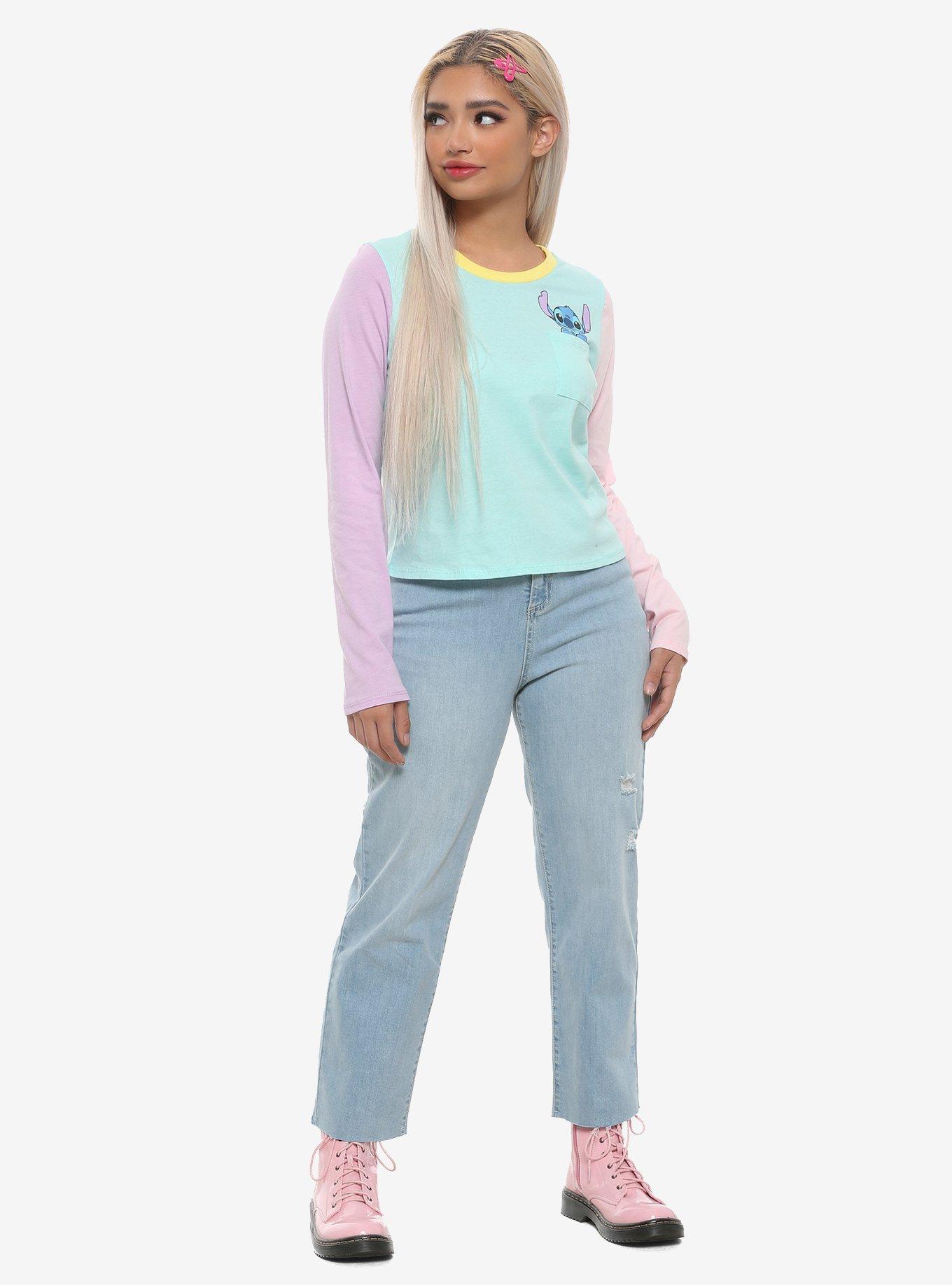 Disney Lilo & Stitch Pocket Pastel Color-Block Girls Long-Sleeve T-Shirt, , alternate