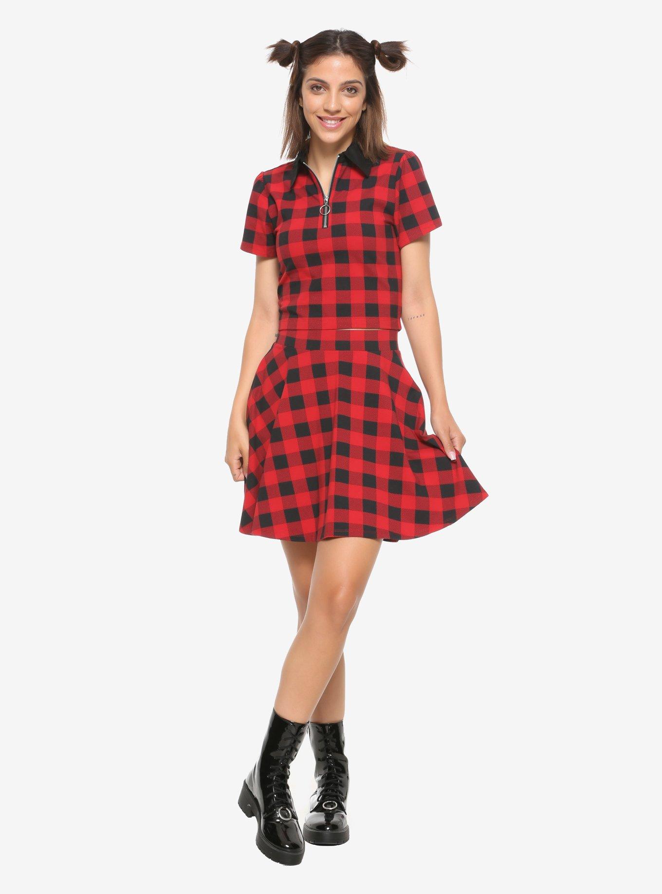 Red & Black Plaid Skater Skirt, PLAID - RED, alternate