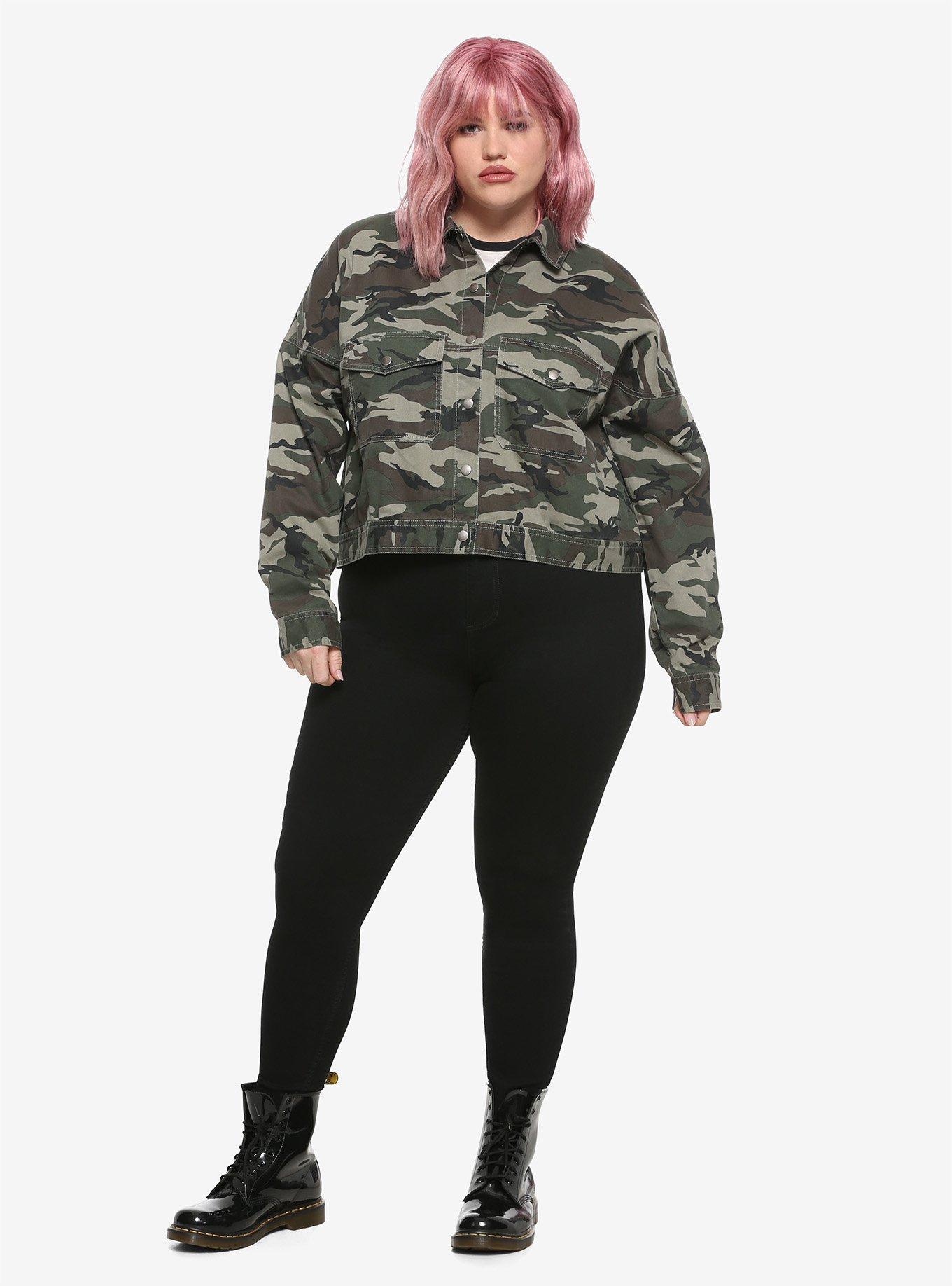 Camo Snap-Button Girls Jacket Plus Size, CAMO, alternate