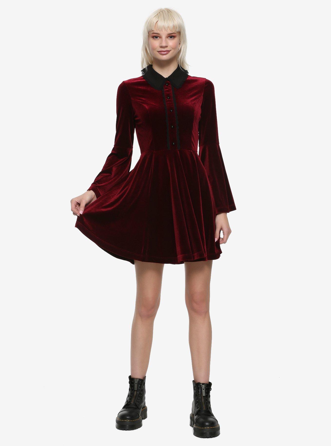 Hell Bunny Prudence Burgundy Velvet Dress, , alternate