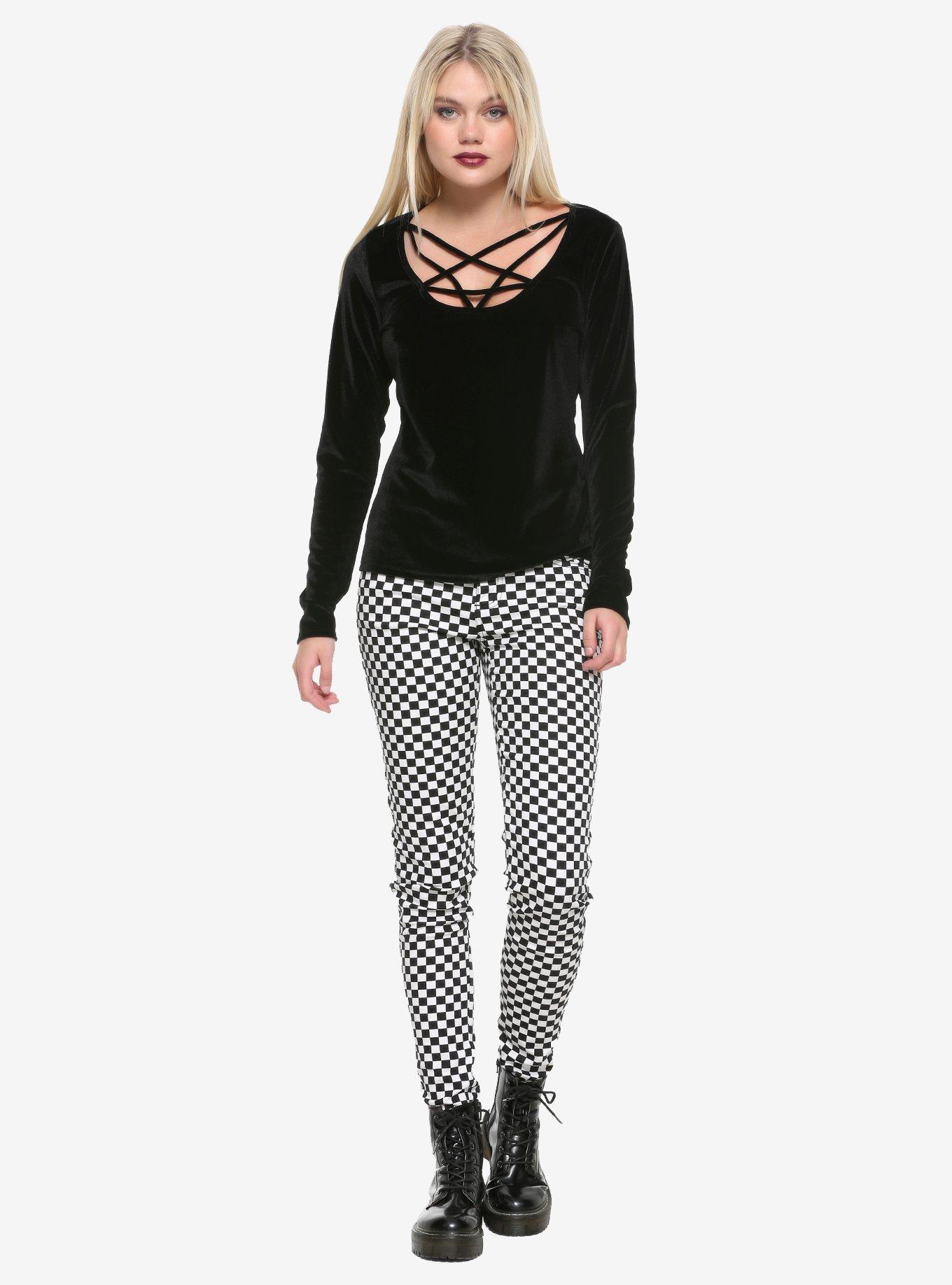 Black Velvet Pentagram Girls Strappy Long-Sleeve T-Shirt, BLACK, alternate