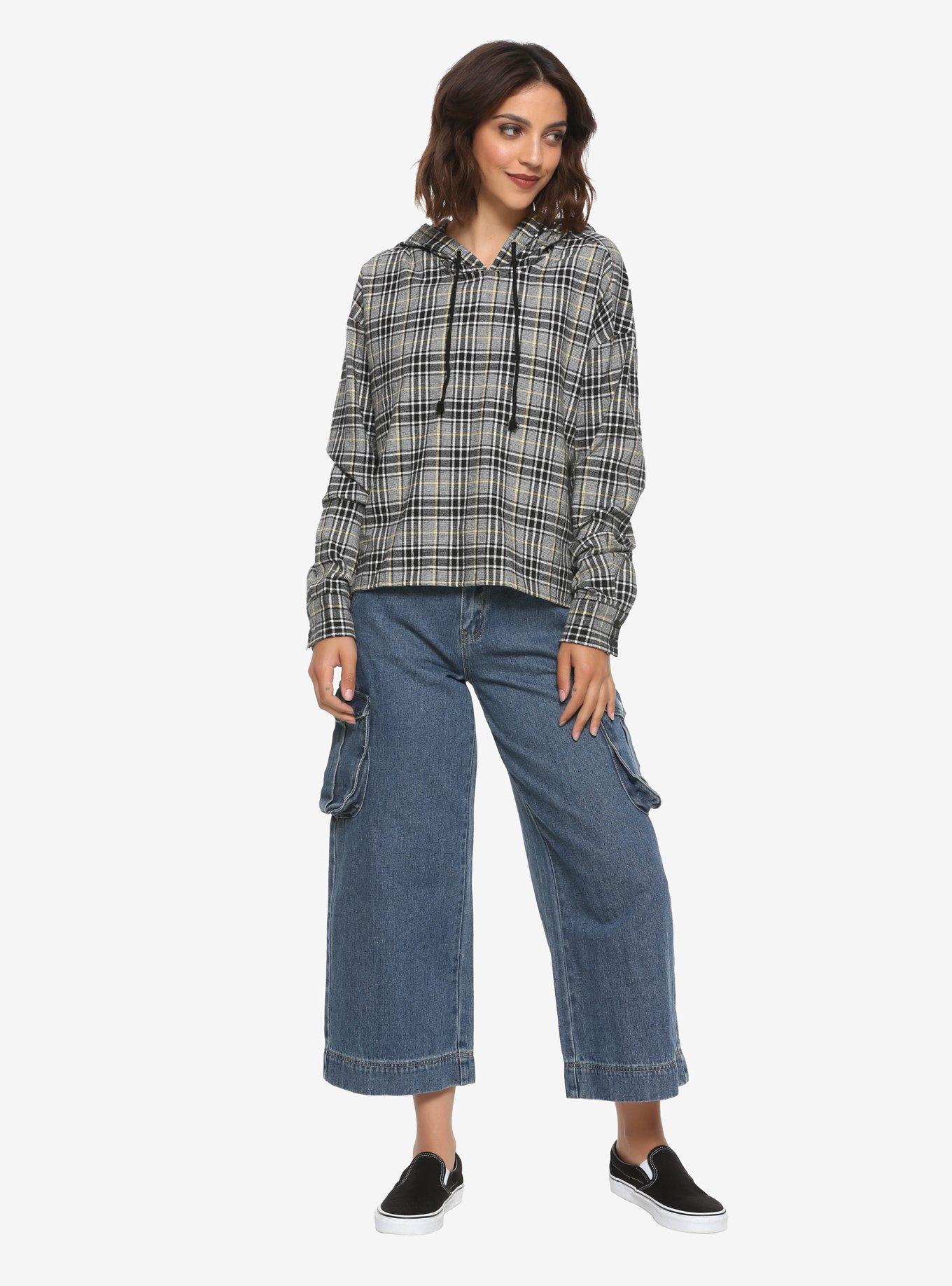 Black & White Plaid Girls Crop Hoodie, WHITE, alternate