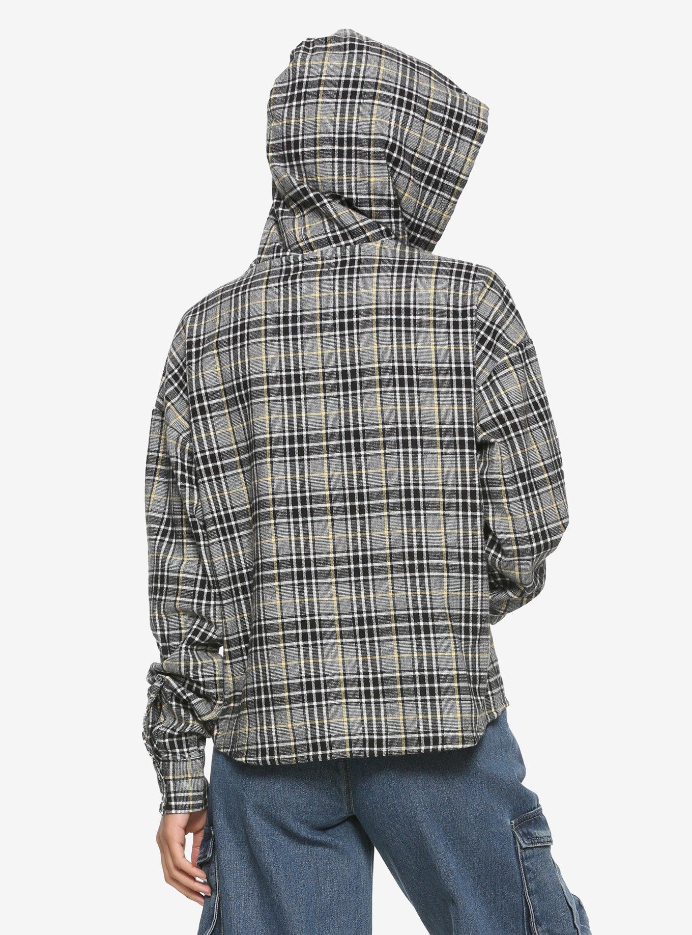 Black & White Plaid Girls Crop Hoodie, WHITE, alternate