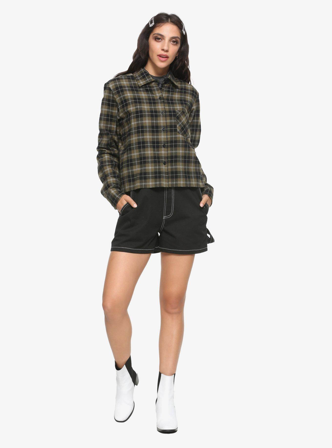 Olive Plaid Lace Skull Girls Button-Up, MULTI, alternate