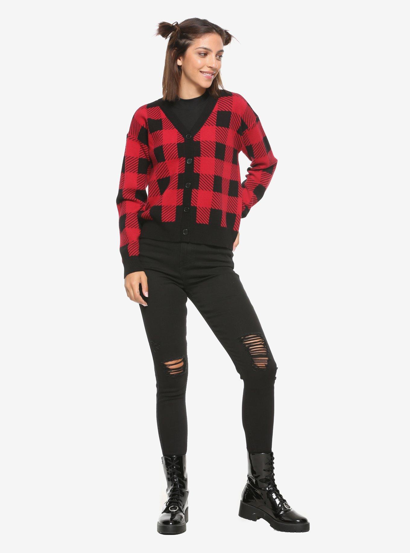 Black & Red Plaid Girls Crop Cardigan, BLACK, alternate