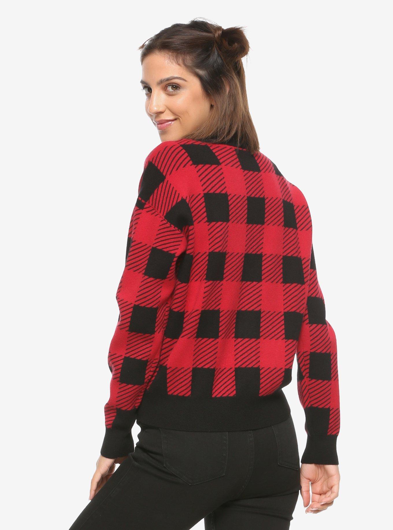 Black & Red Plaid Girls Crop Cardigan, BLACK, alternate