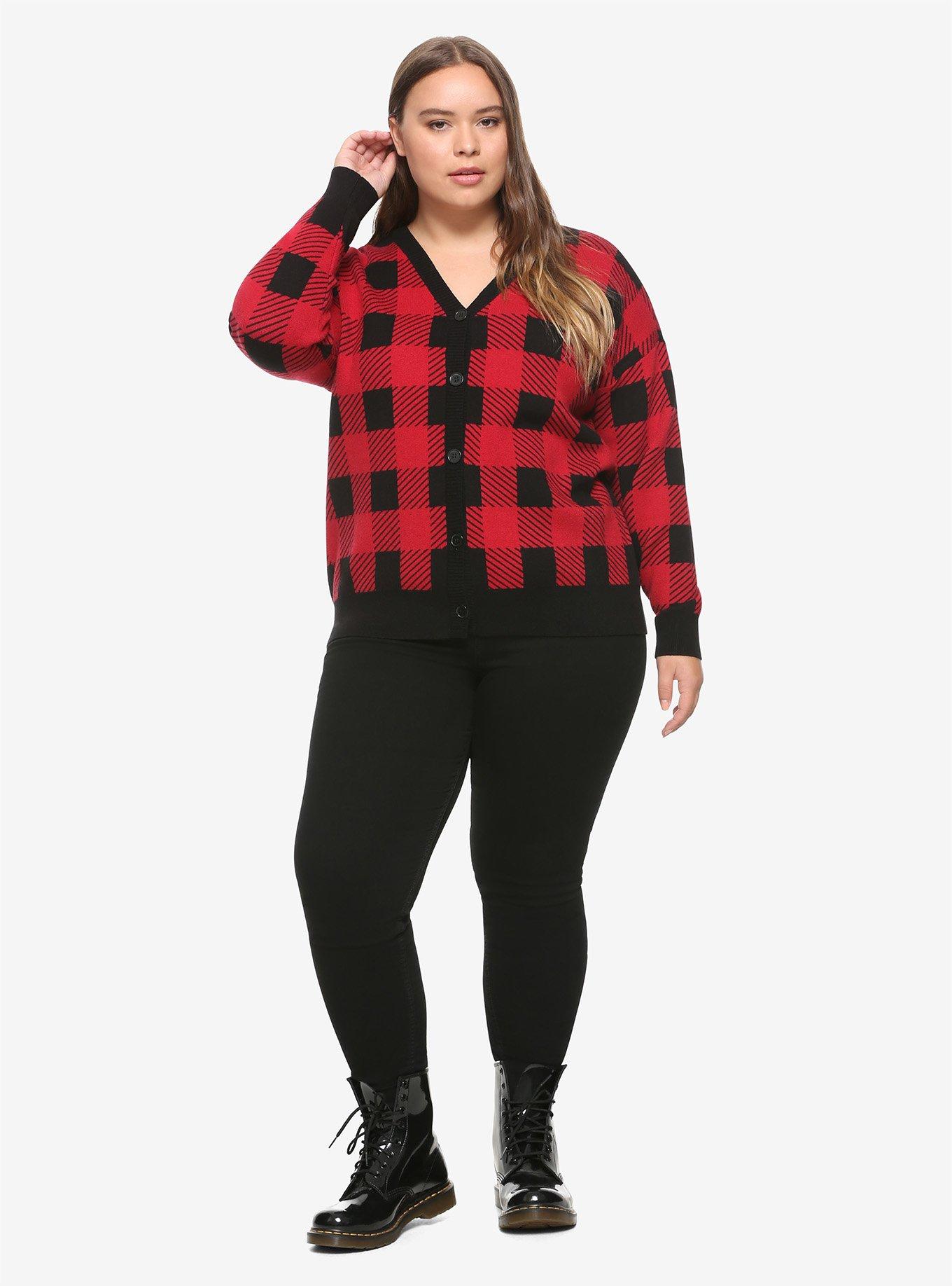Black & Red Plaid Girls Crop Cardigan Plus Size, BLACK, alternate