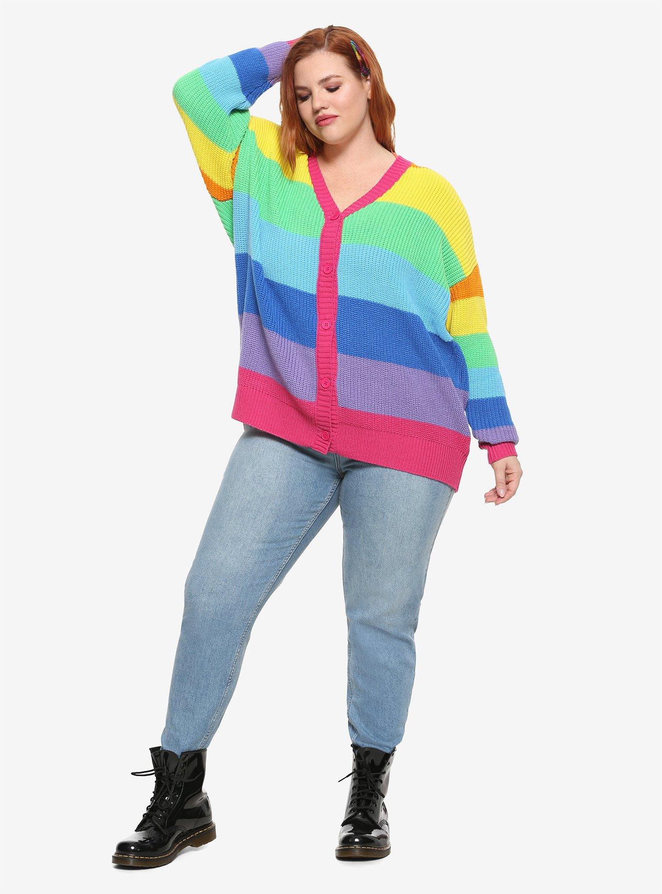 Rainbow Stripe Girls Oversized Cardigan Plus Size, MULTI, alternate