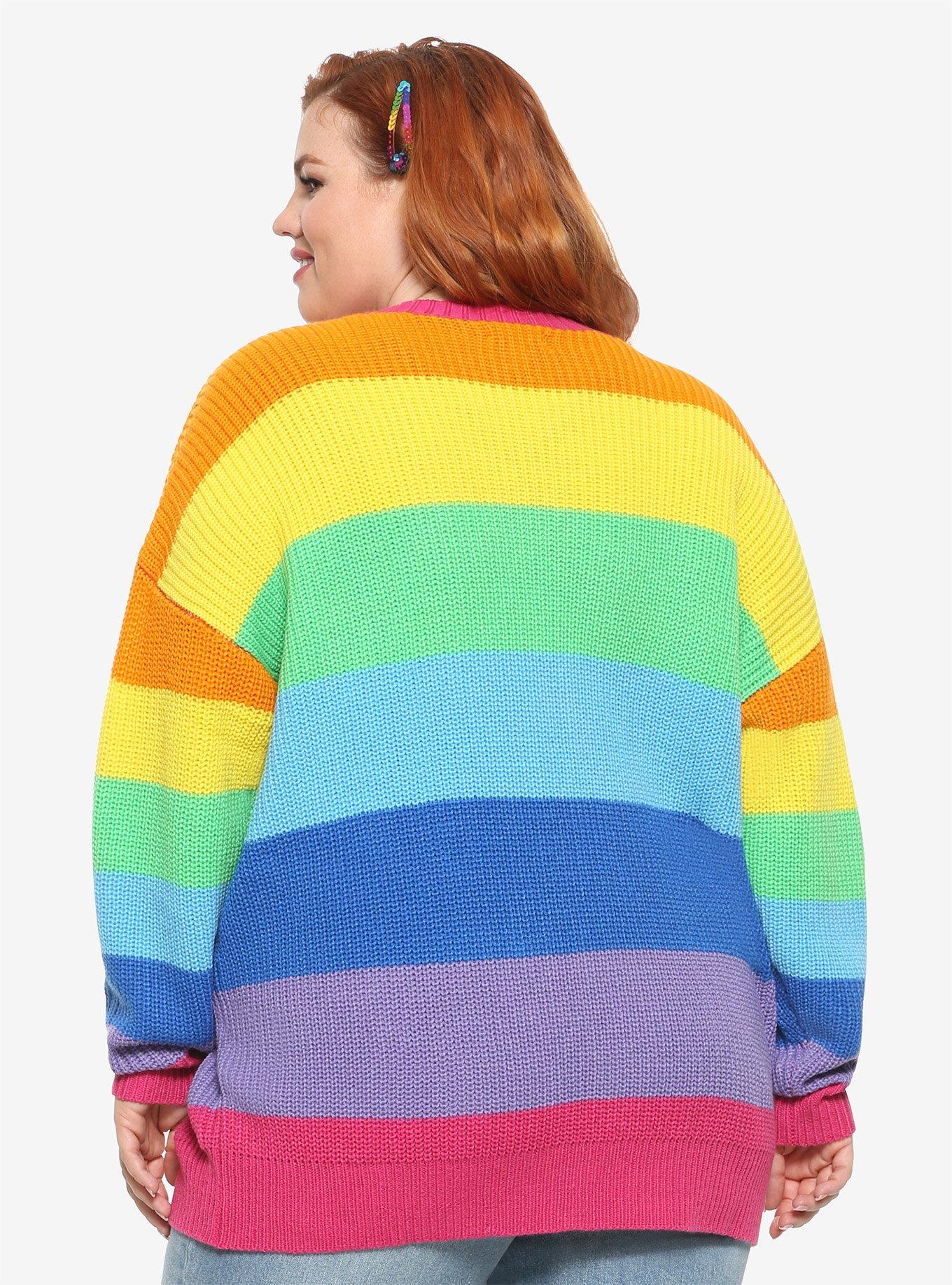 Rainbow Stripe Girls Oversized Cardigan Plus Size, MULTI, alternate