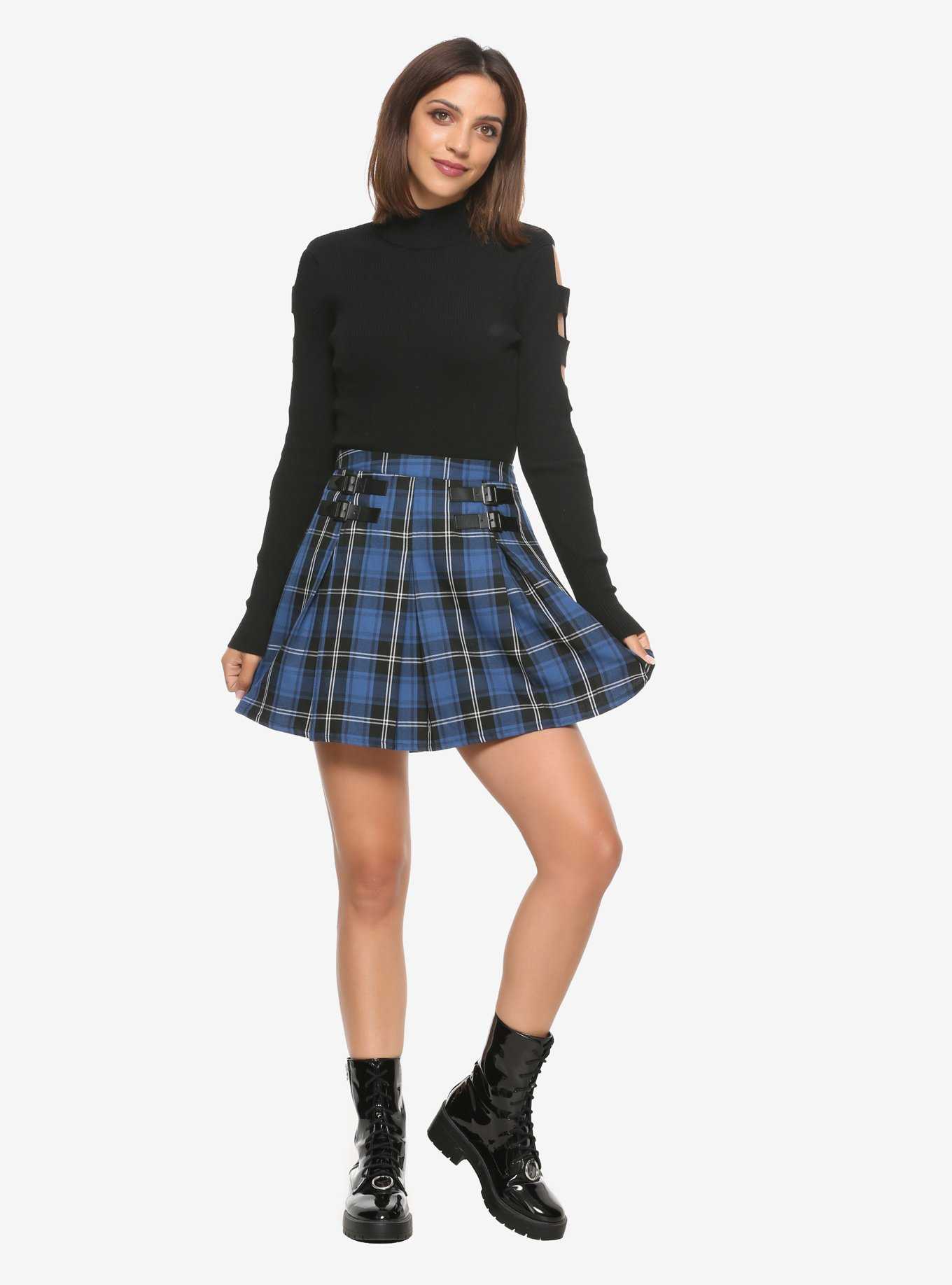 Blue Plaid Pleated Double Buckle Skirt, , hi-res