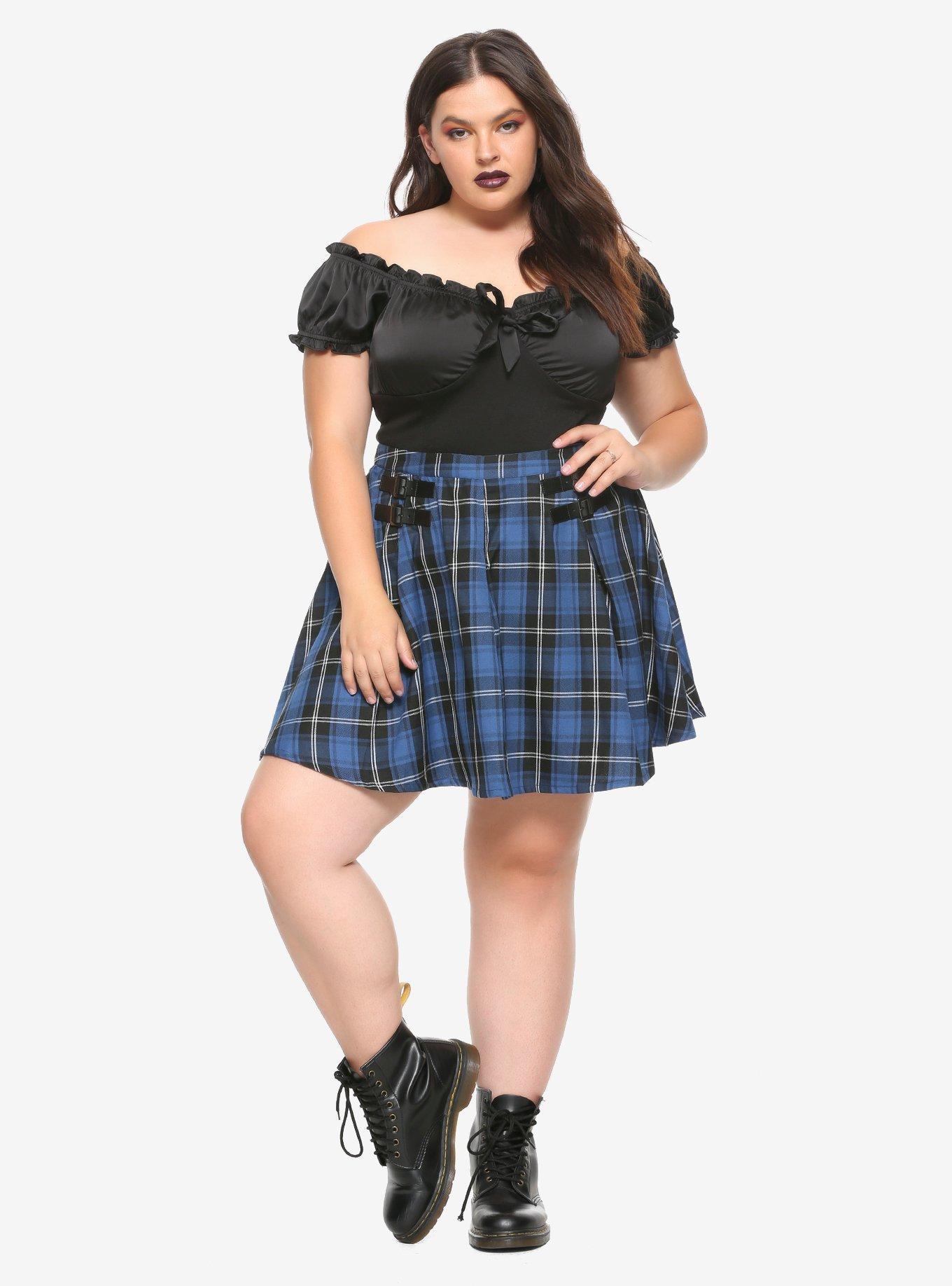 Blue Plaid Pleated Double Buckle Skirt Plus Size, , alternate