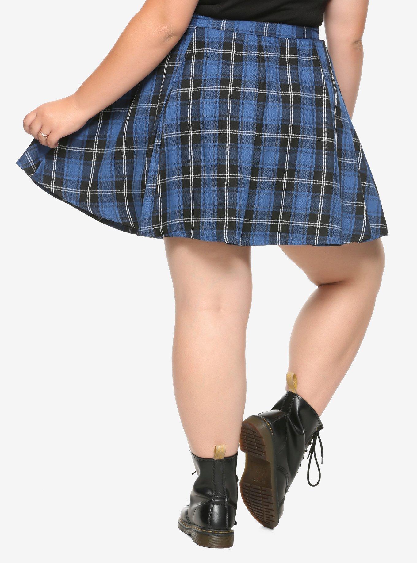 Blue Plaid Pleated Double Buckle Skirt Plus Size, , alternate