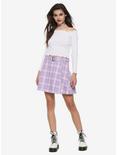 Pastel Purple Pleated & Belted Skirt, PLAID - PURPLE, alternate