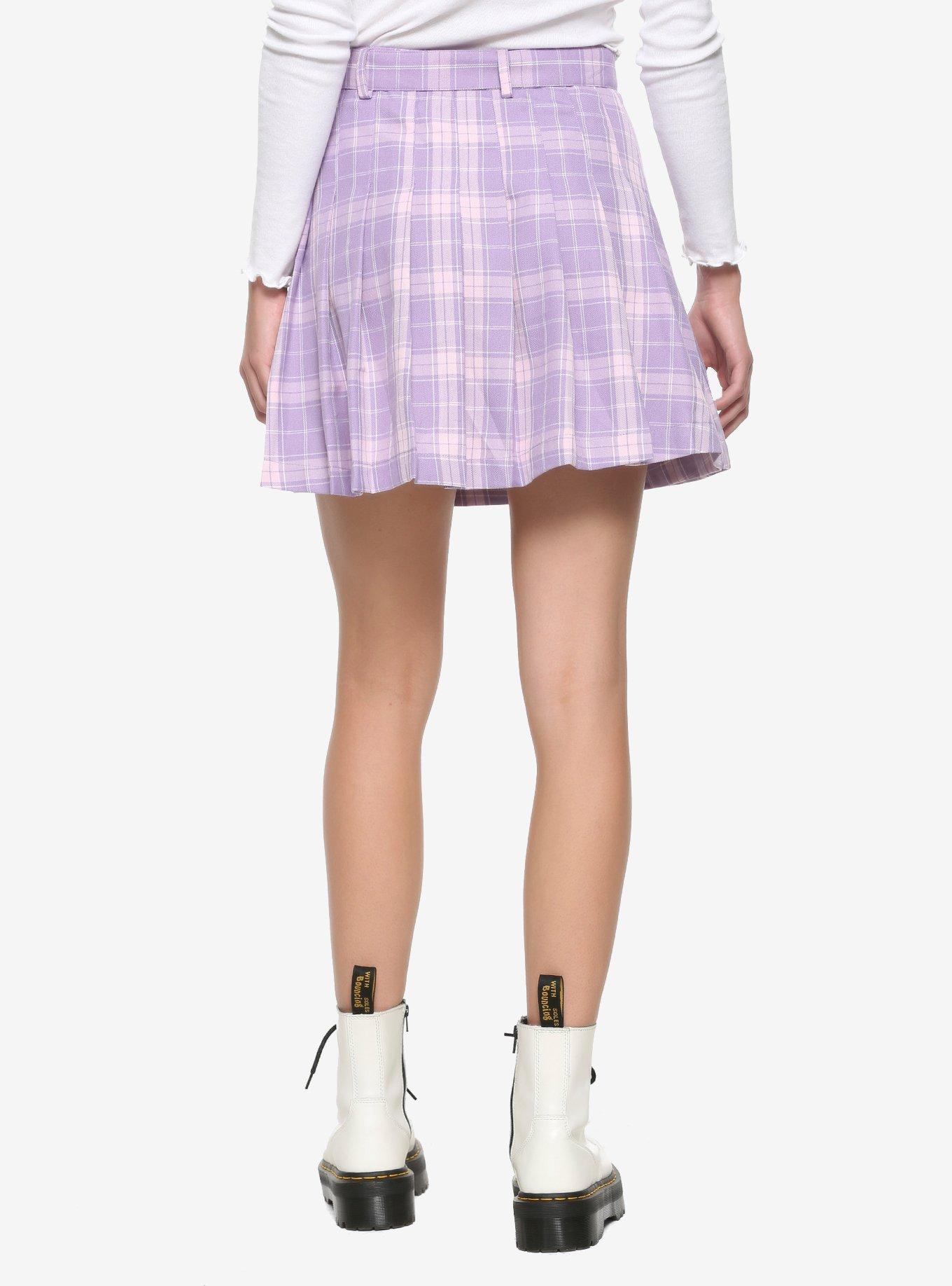 Pastel Purple Pleated & Belted Skirt, PLAID - PURPLE, alternate