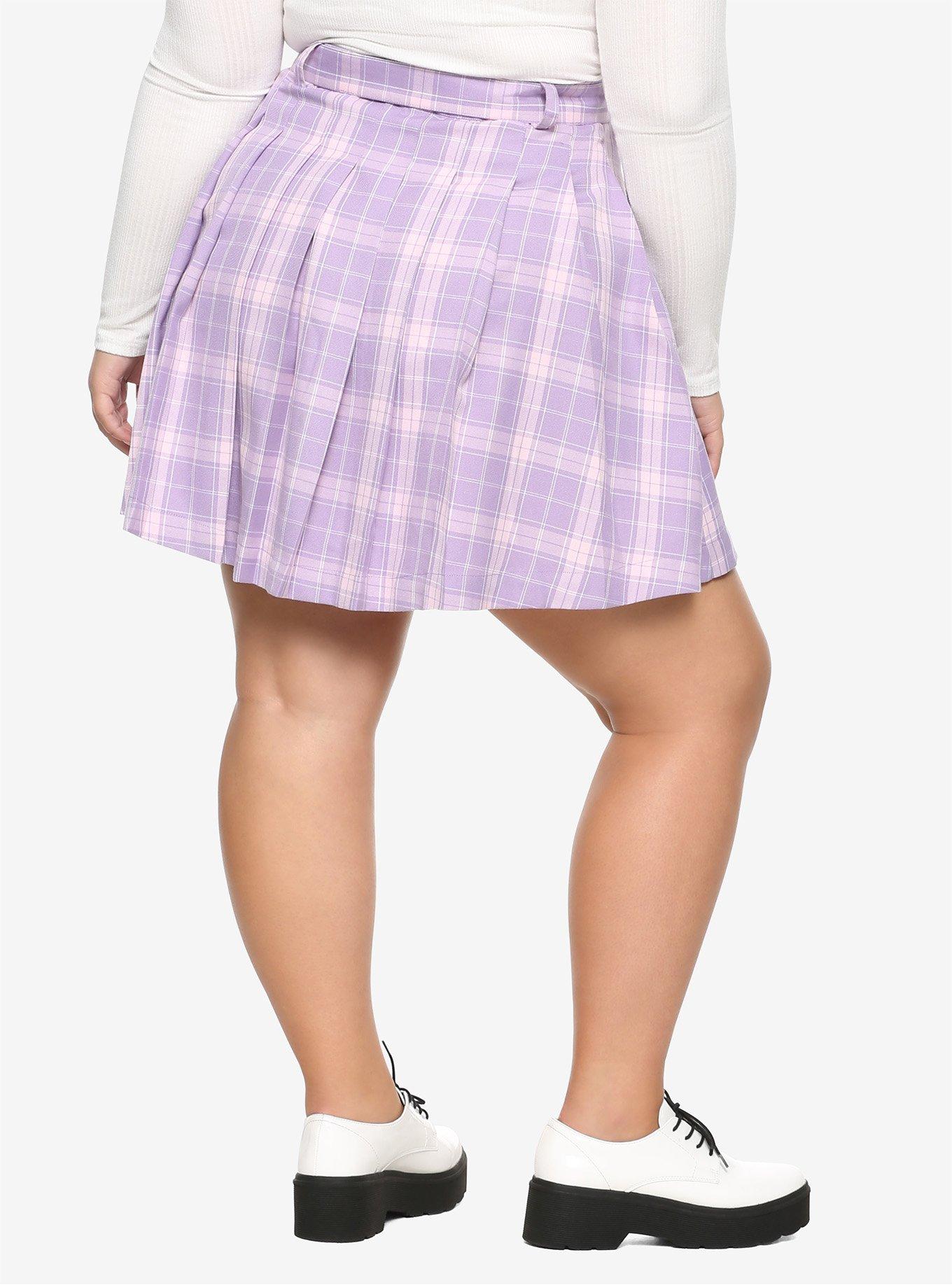 Pastel Purple Pleated & Belted Skirt Plus Size, PLAID - PURPLE, alternate