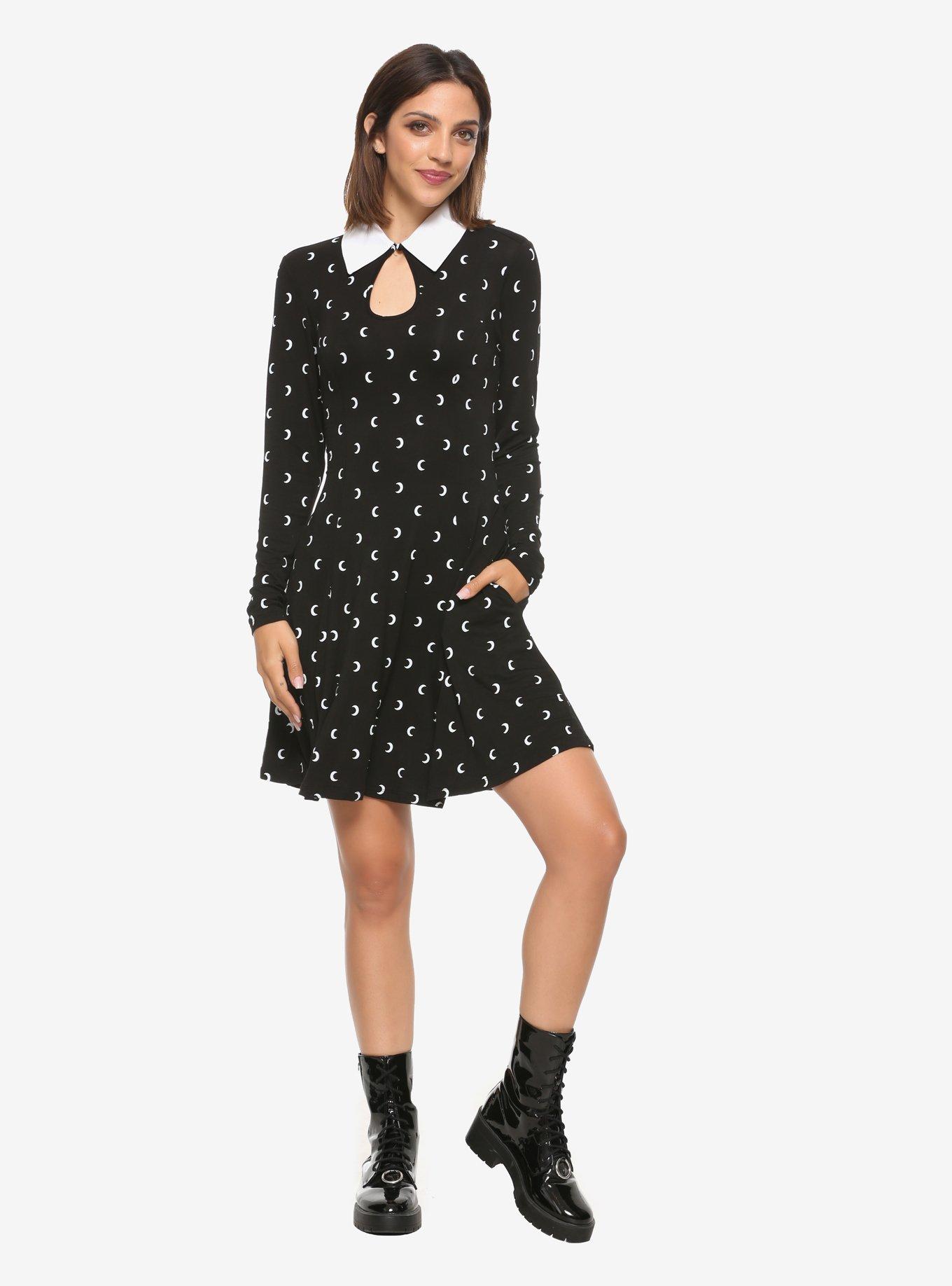 Moon Print Long-Sleeve Collared Dress, WHITE, alternate