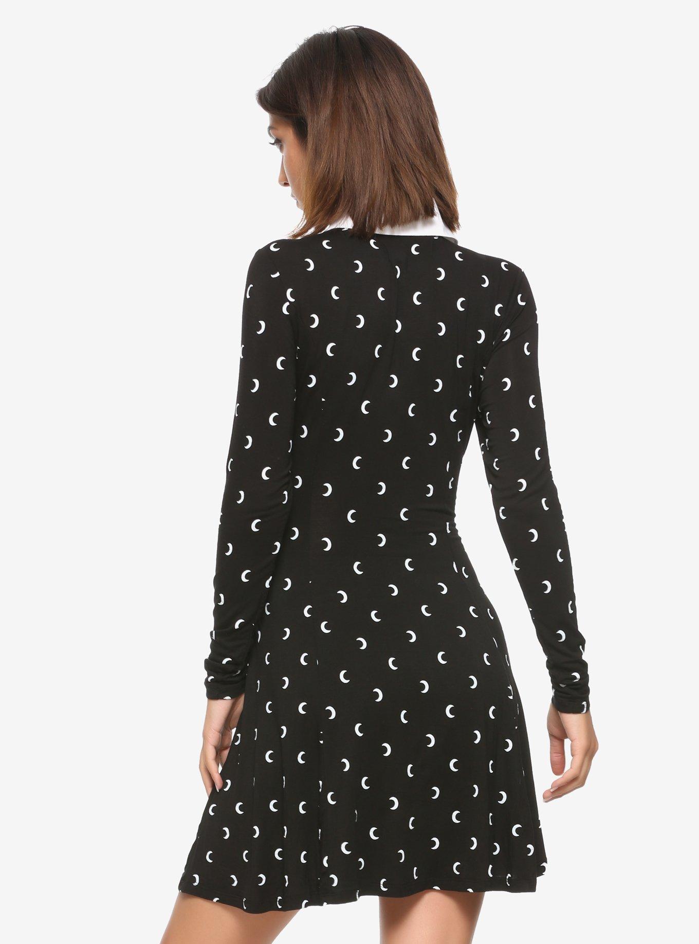 Moon Print Long-Sleeve Collared Dress, WHITE, alternate