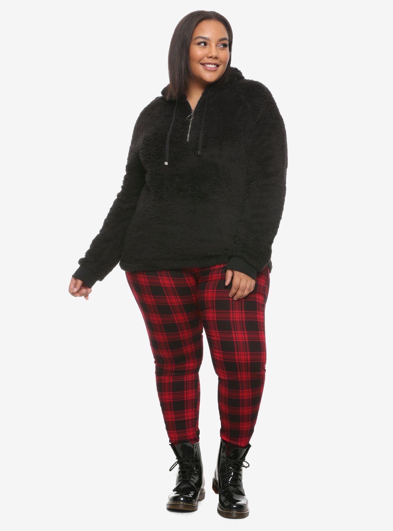 Black Fuzzy Half-Zipper Girls Hoodie Plus Size, BLACK, alternate